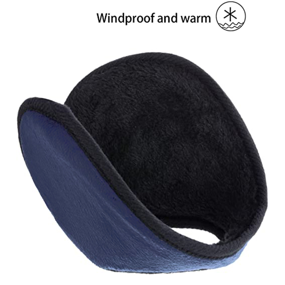 Schwarze und blaue Ohrenschützer mit flauschigem Innenfutter. Text: 'Winddicht und warm' mit Schneeflocken-Symbol.
