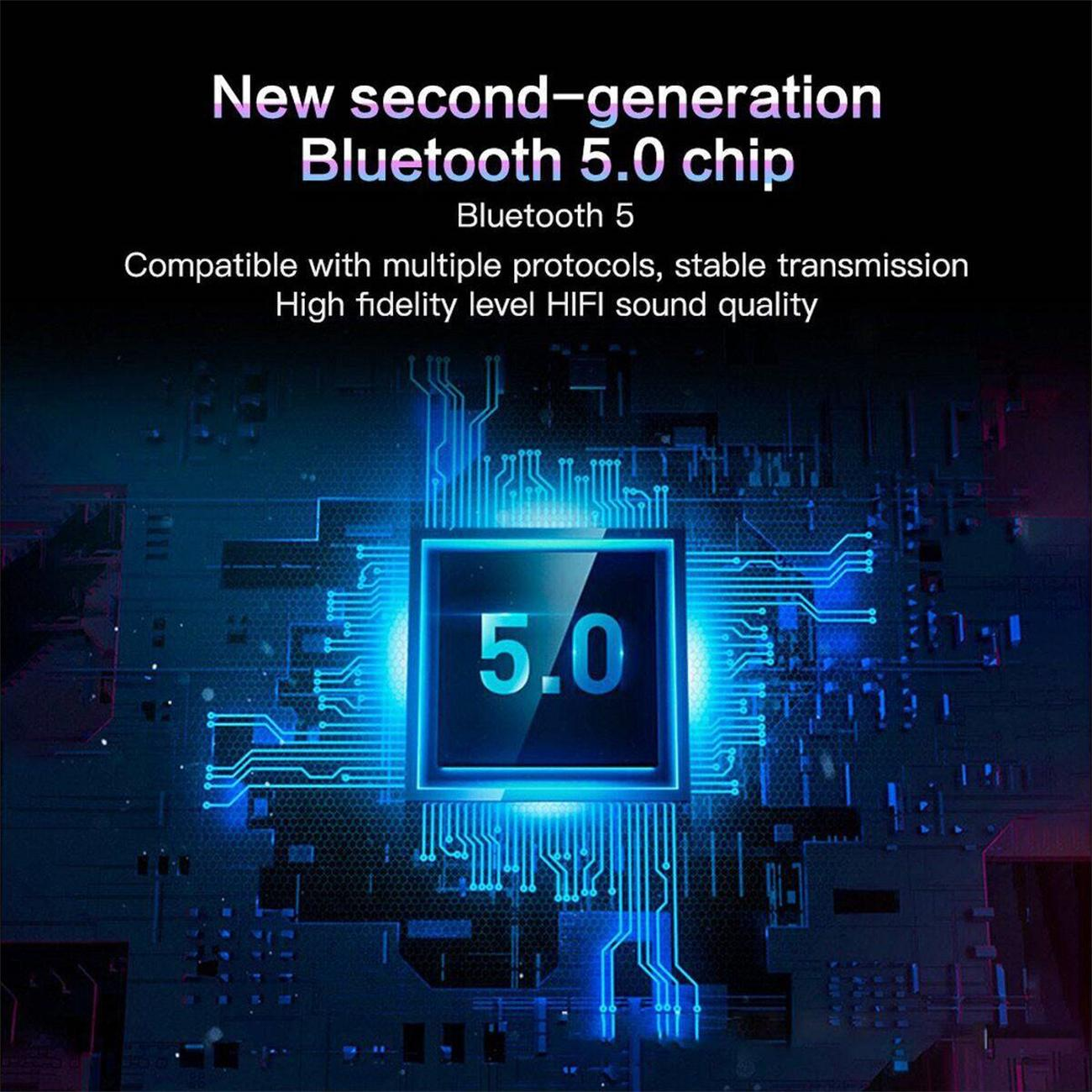 Blaues Leiterplattendesign mit einem '5.0'-Logo, das einen neuen Bluetooth 5.0-Chip bewirbt.