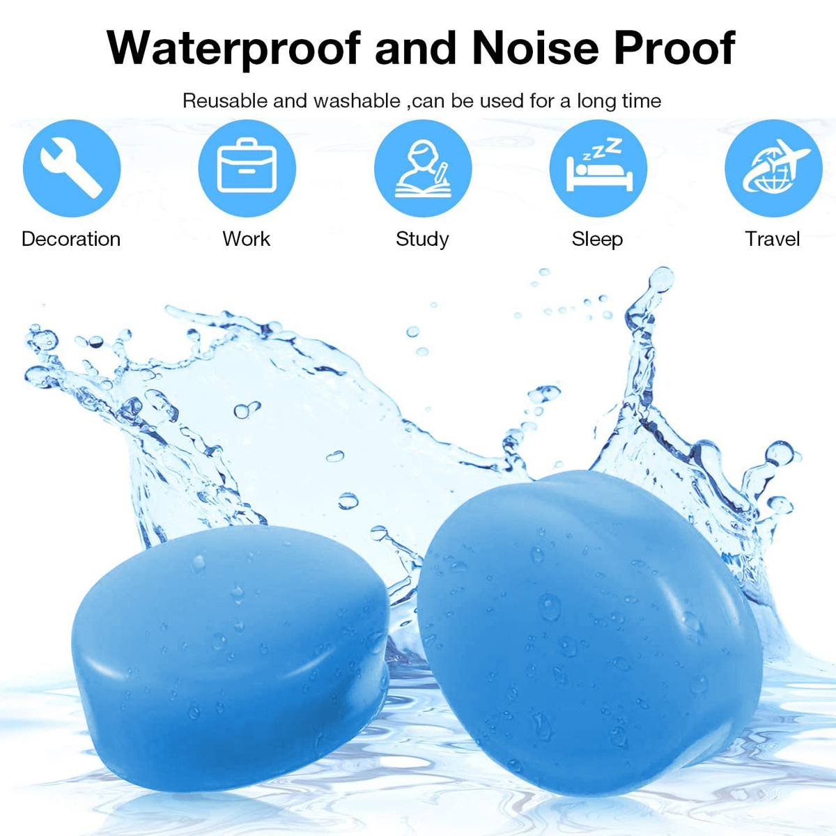 Zwei blaue Ohrstöpsel im Wasser. Symbole für Aktivitäten: Dekoration, Arbeit, Studium, Schlaf, Reisen.