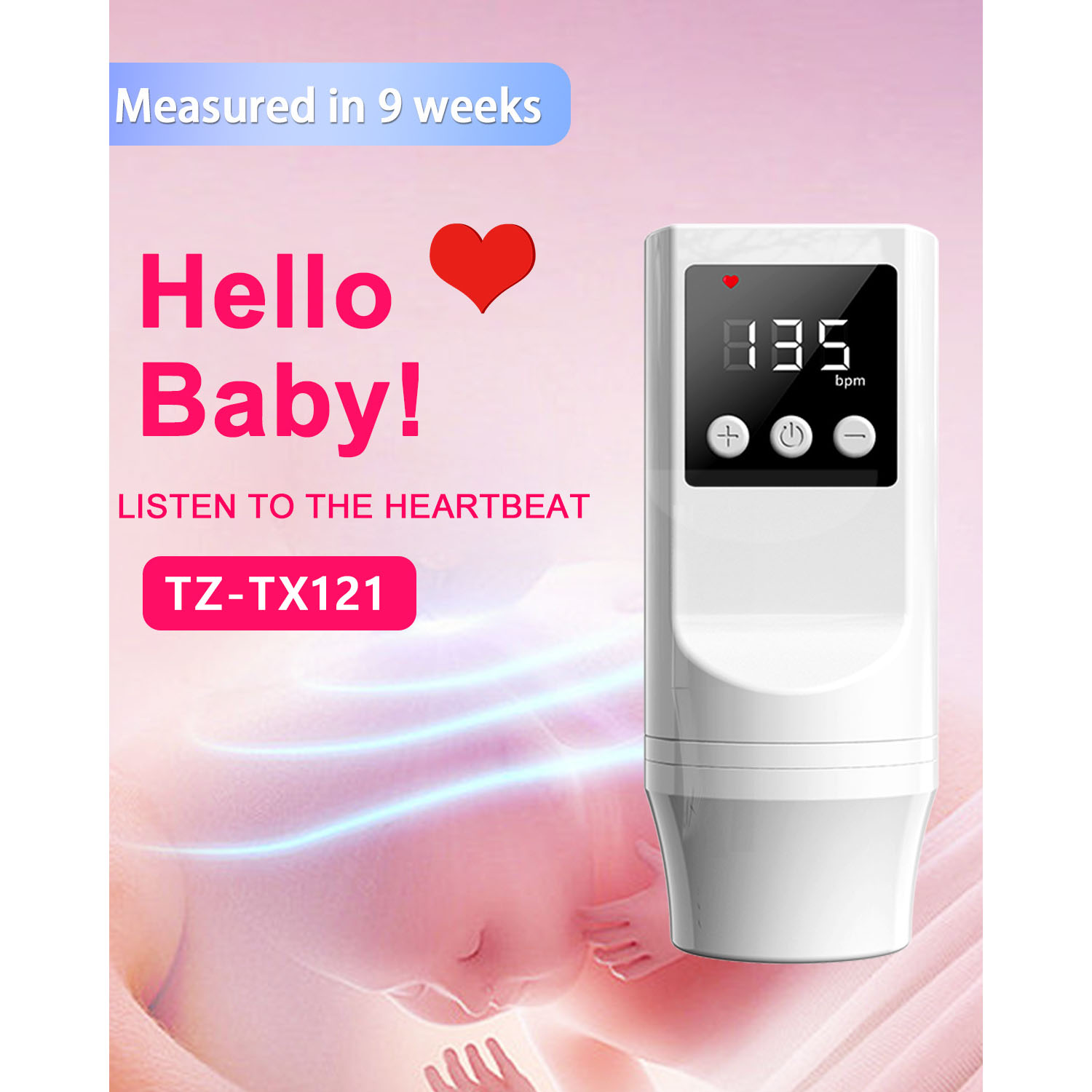 Weißes Gerät mit Bildschirm und Knöpfen, Text: Hallo Baby! Höre den Herzschlag.