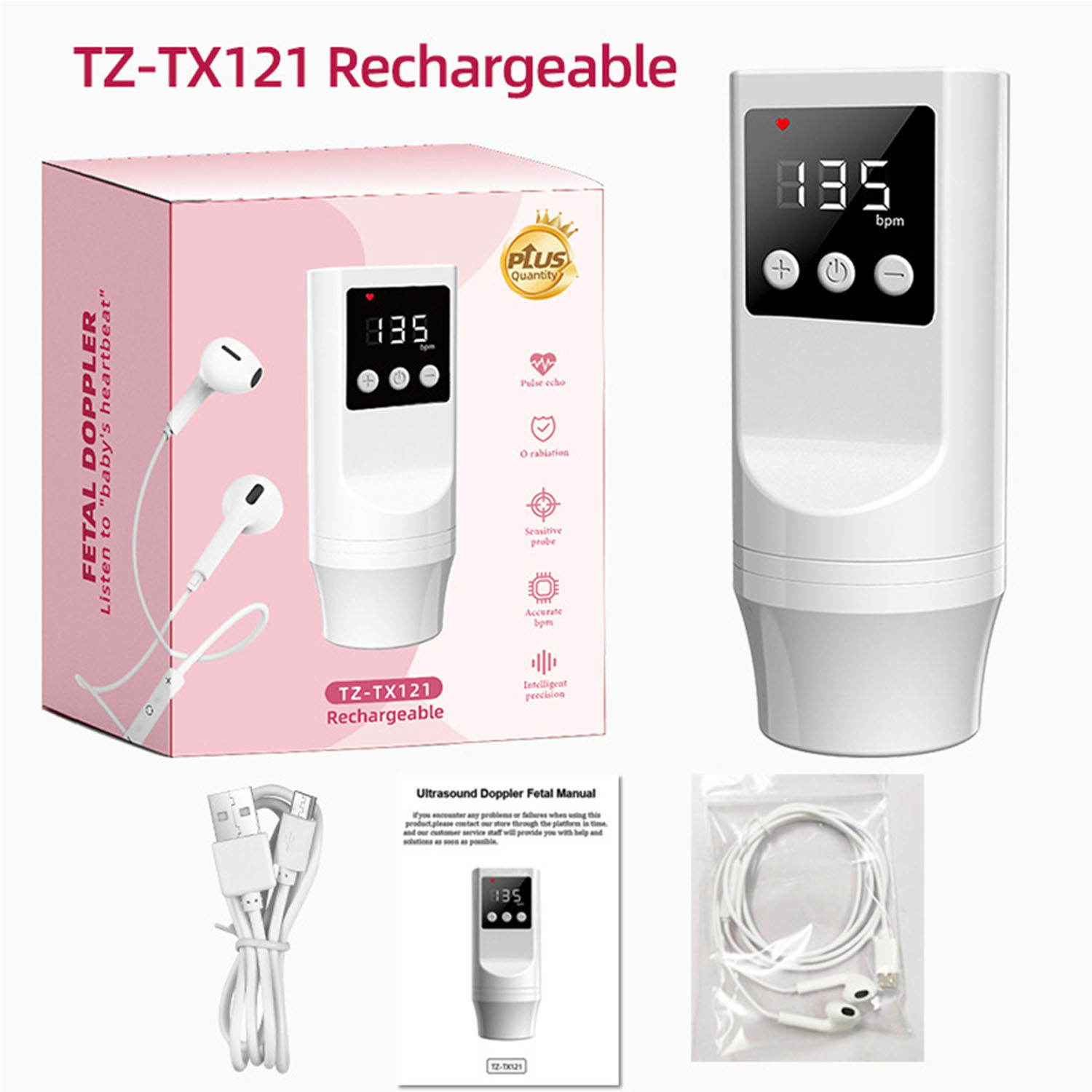 Fetal-Doppler-Gerät mit Display, Verpackung und Zubehör. Das Gerät zeigt die Herzfrequenz an. Weißes und rosa Farbschema.