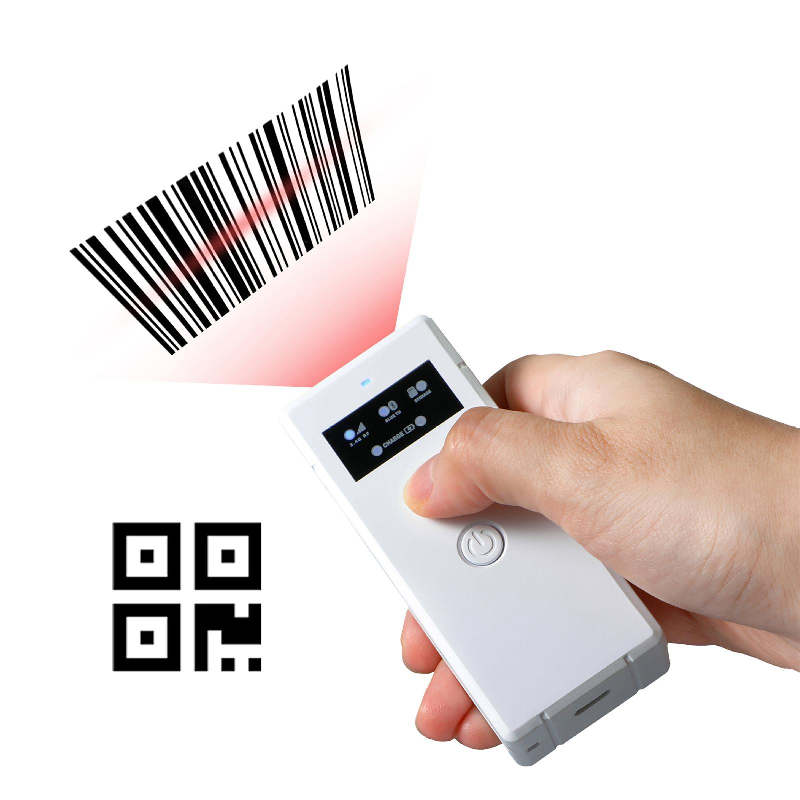 Hand, die weißen Barcodescanner hält. Roter Laser projiziert Barcode. QR-Code links.