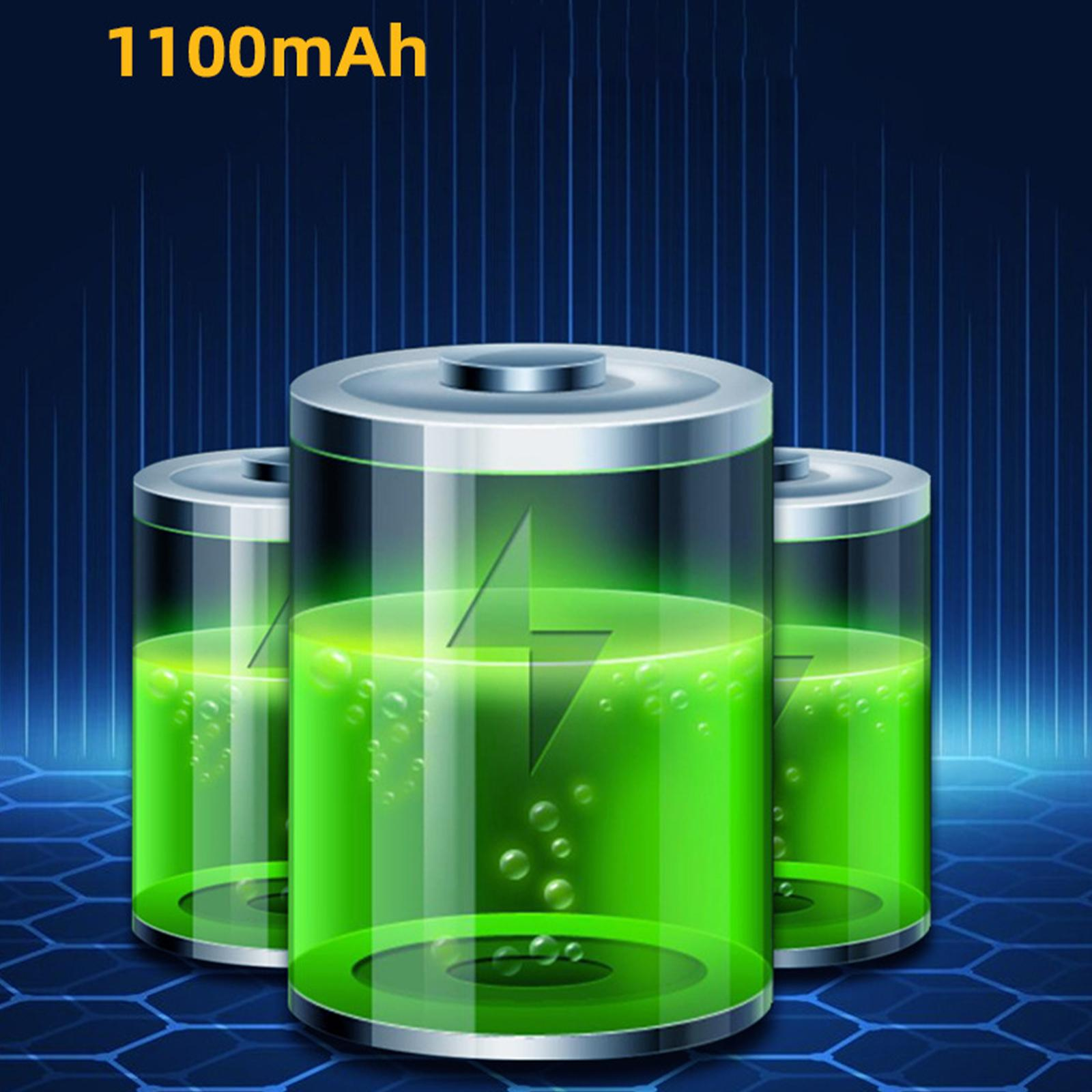 Drei grüne Batterien mit Blitzsymbol. Blauer Hintergrund mit Gittermuster und Text '1100mAh'.