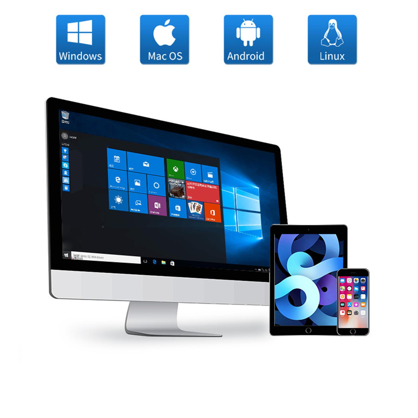 Computermonitor mit Symbolen für Windows, Mac, Android und Linux, mit Tablets.