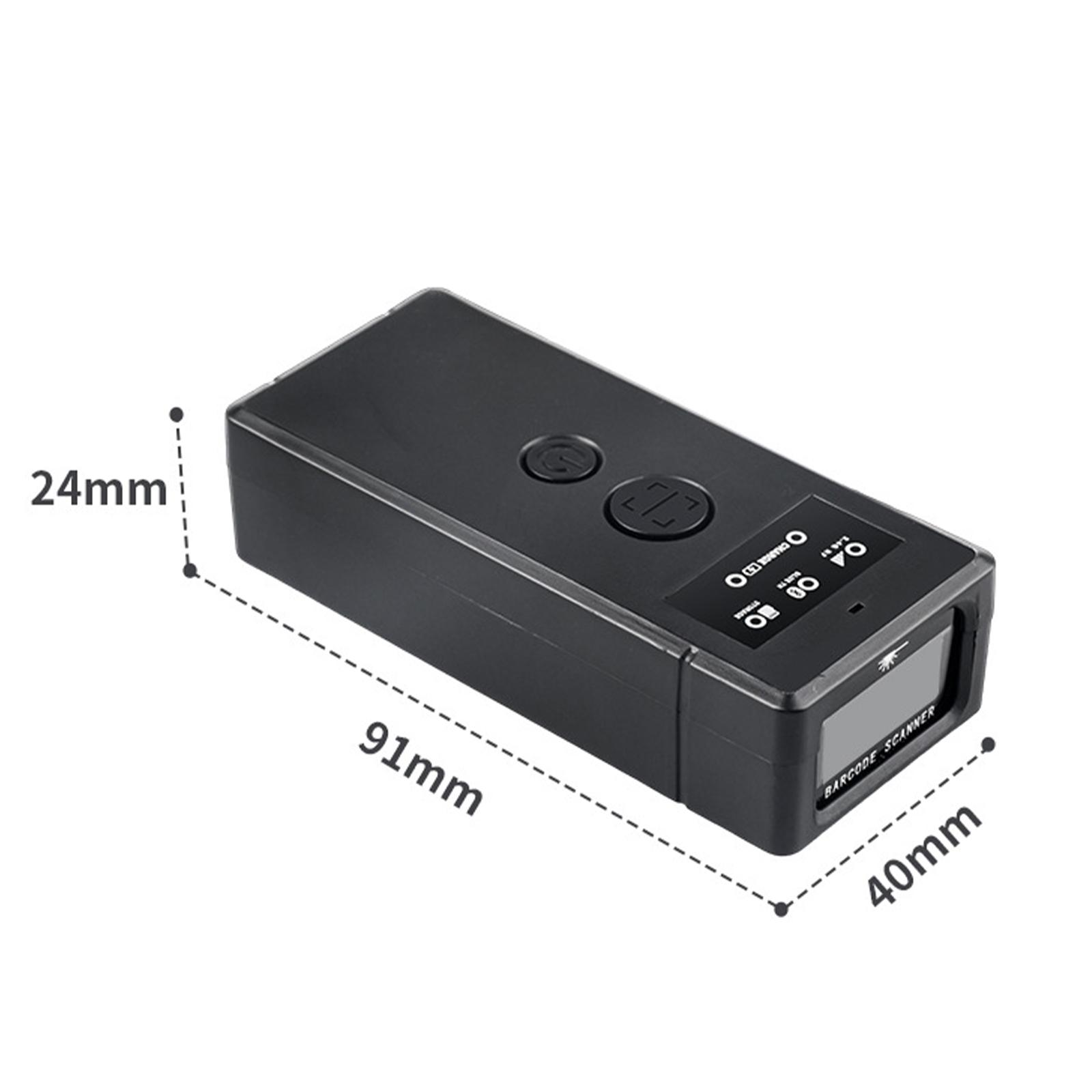 Schwarzer Barcodescanner mit Abmessungen von 91 mm x 40 mm x 24 mm. Das Display zeigt die Benutzeroberfläche des Geräts.