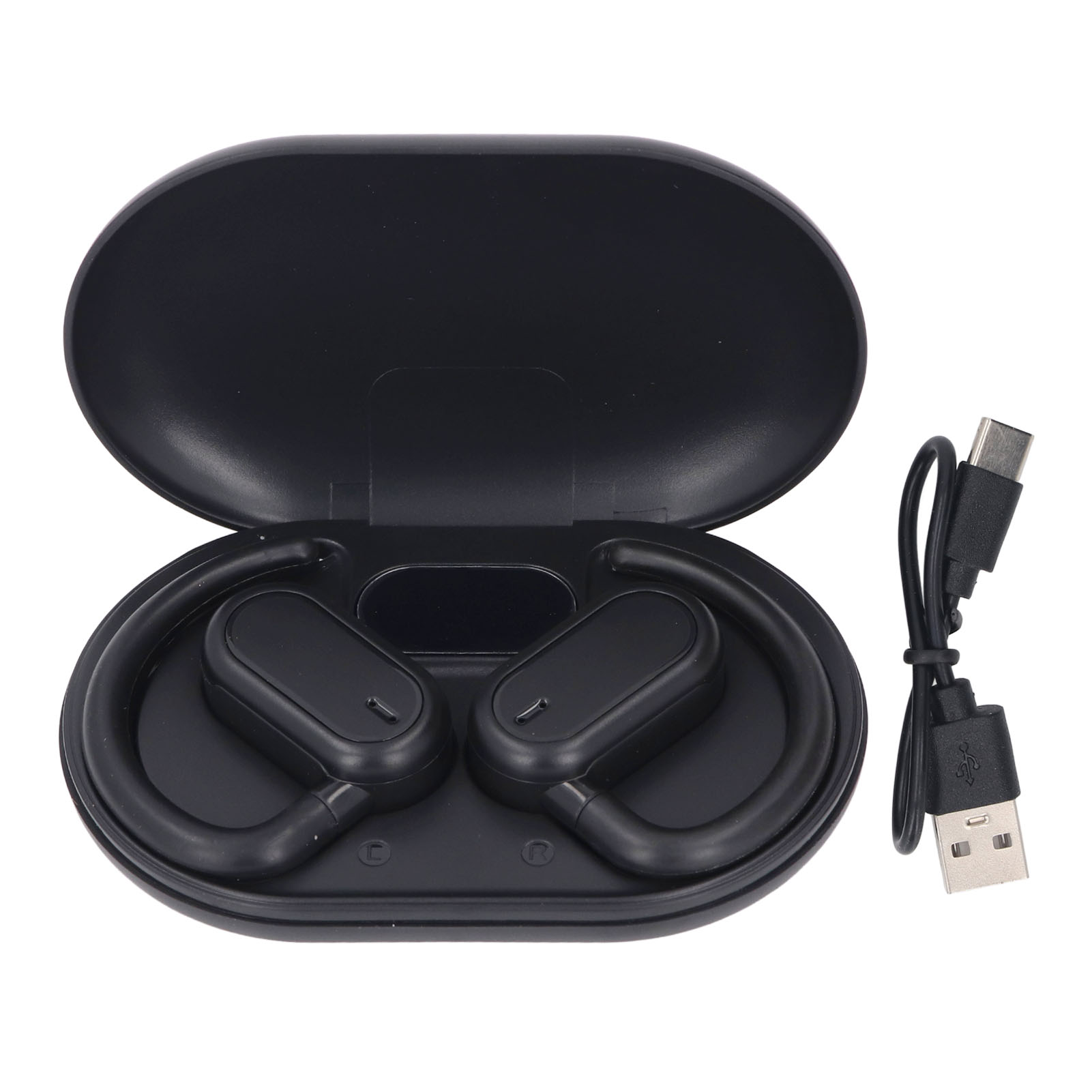 Schwarze Ohrhörer mit Ladecase und USB-C-Kabel, weißer Hintergrund.