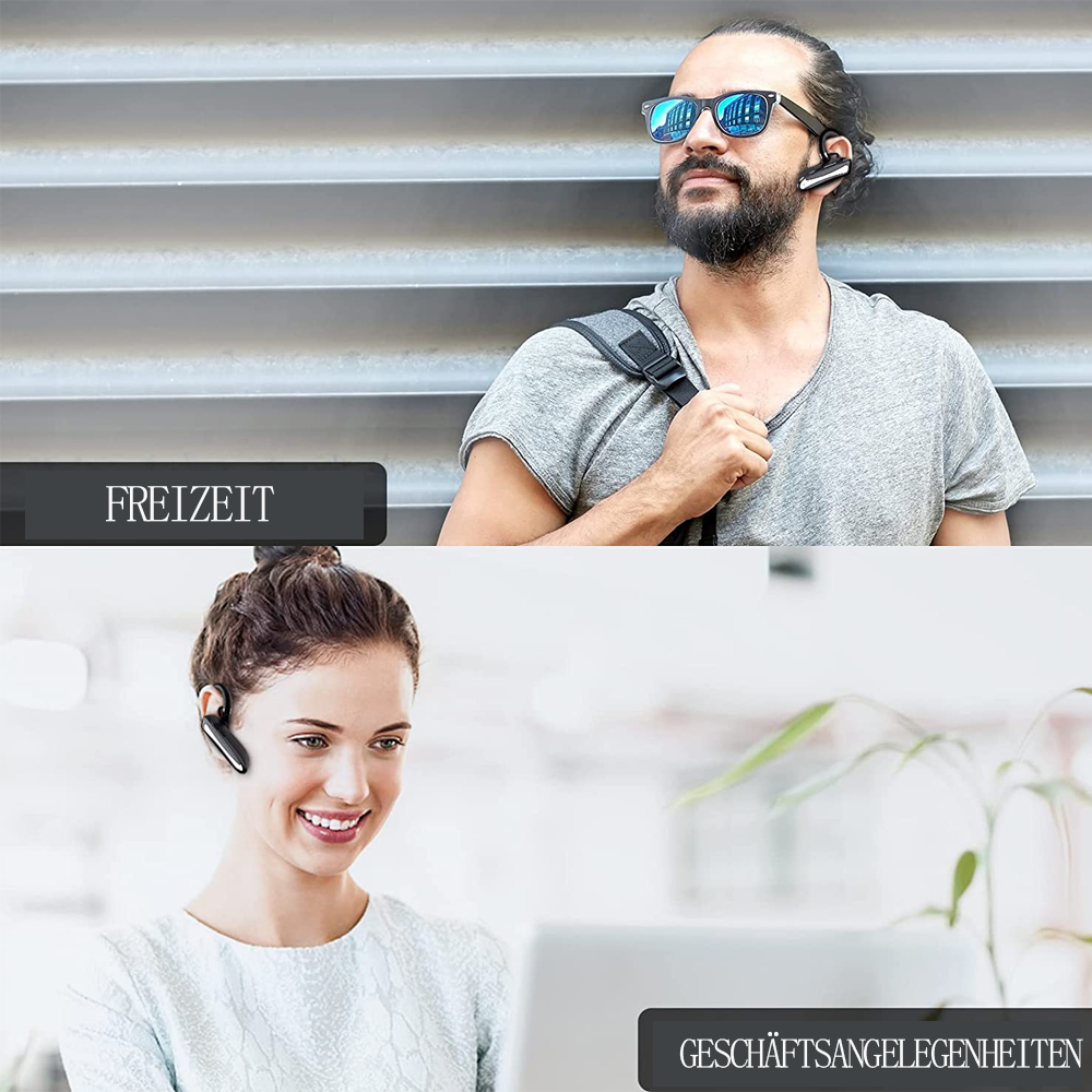 Mann und Frau mit Bluetooth-Headsets, für Freizeit und Geschäft.