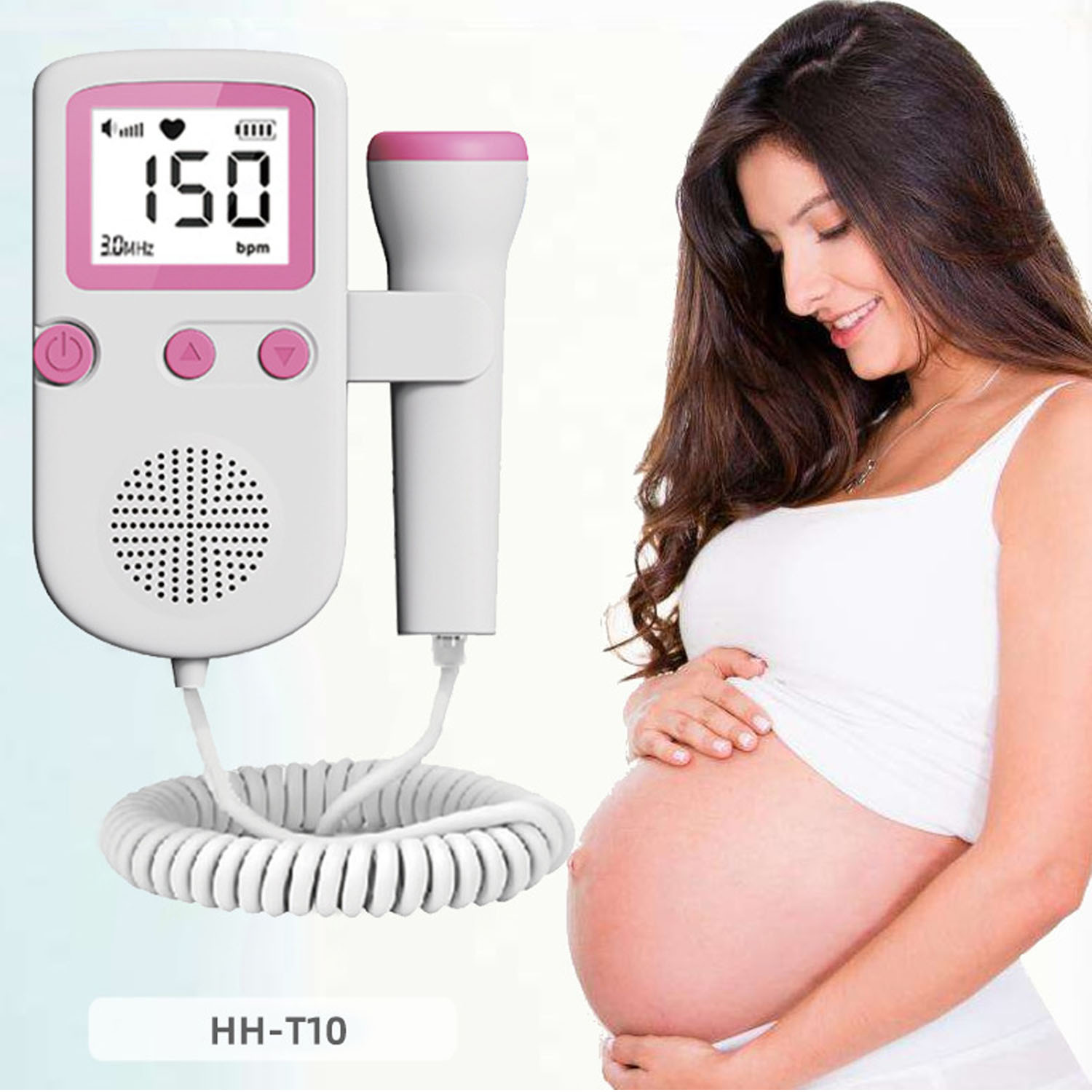 Eine schwangere Frau mit einem Ultraschallgerät, und die Anzeige des Geräts zeigt eine Herzfrequenz von 150 bpm.