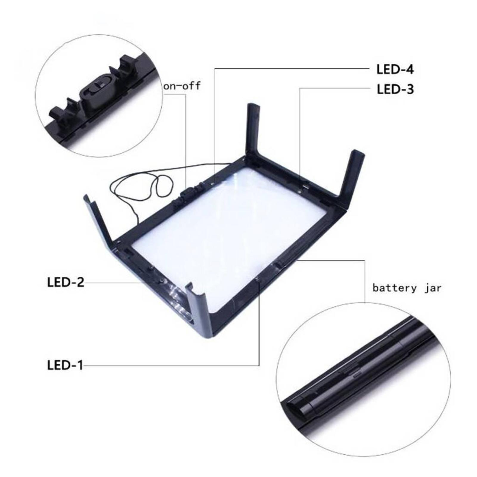 Lupe mit LED-Leuchten. Details umfassen Ein-/Ausschalter, LED-Leuchten und Batteriefach.