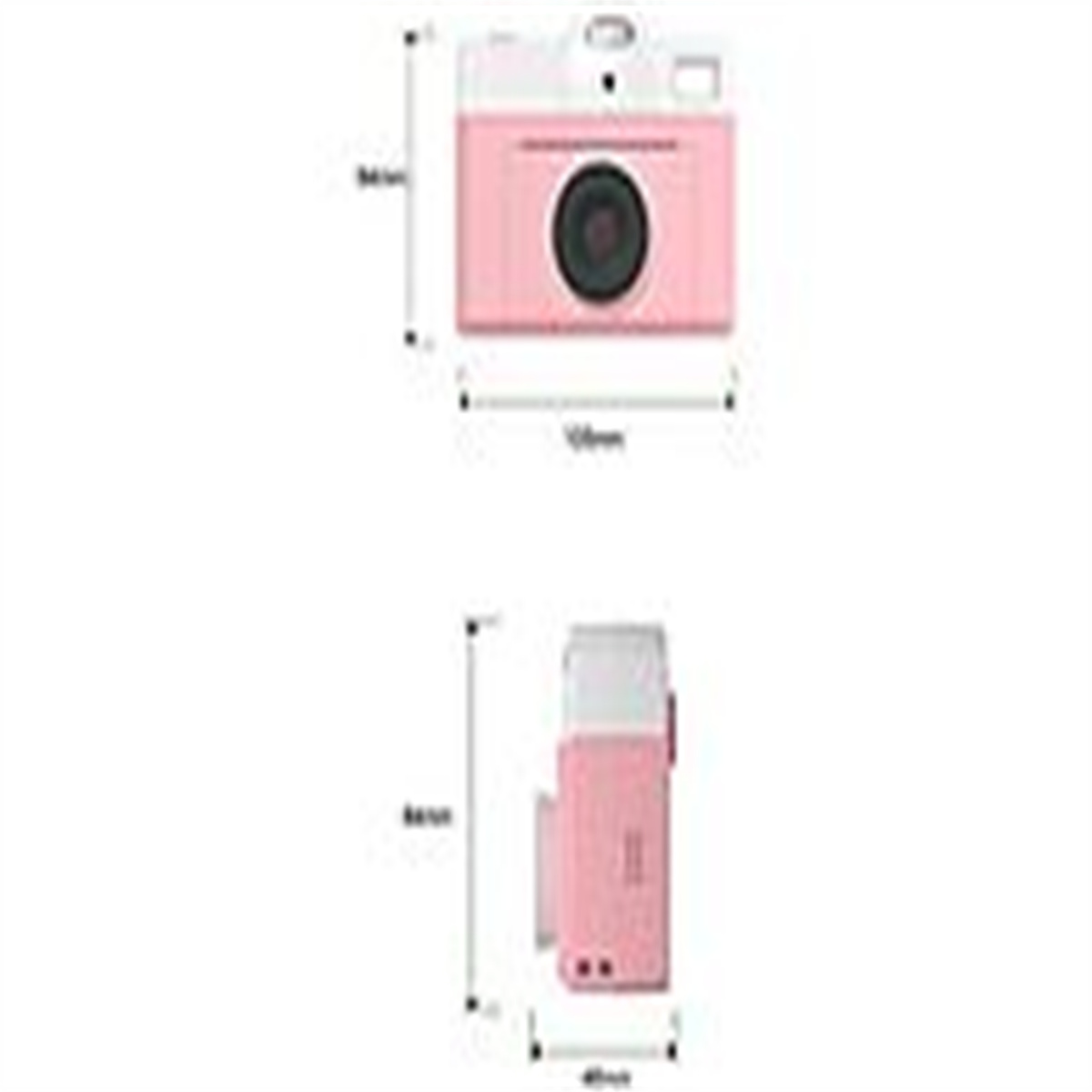 Rosa Kamera mit weißem Oberteil und schwarzem Objektiv. Abmessungen sind sichtbar.
