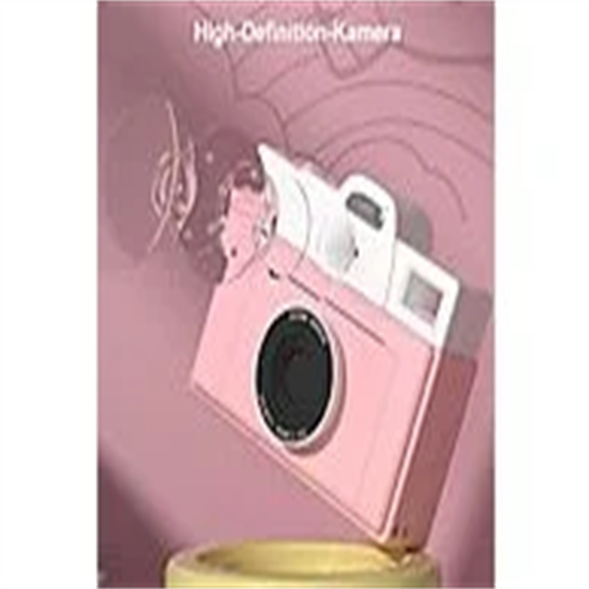 Rosa Spielzeugkamera mit schwarzem Objektiv. Der Text 'High-Definition-Kamera' ist oben sichtbar.