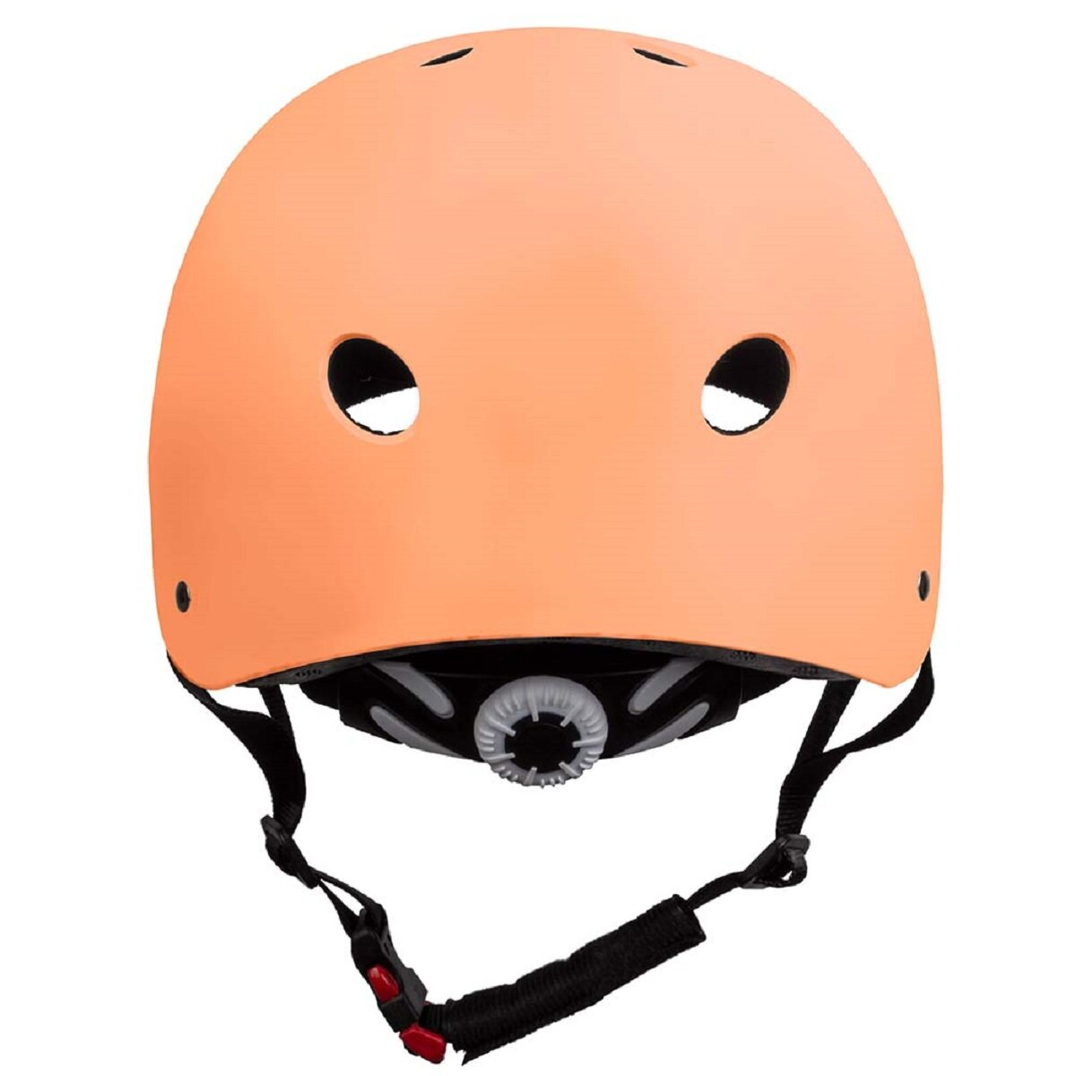 Oranger Helm mit schwarzen Riemen und einer roten Schnalle.