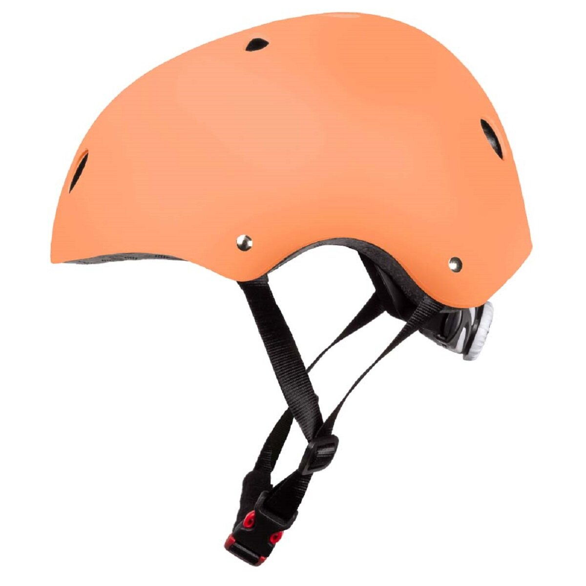 Oranger Helm mit schwarzen Riemen, Seitenansicht.
