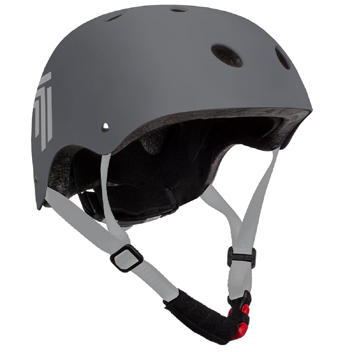 Grauer Helm mit weißem Logo. Schwarze und graue Riemen.
