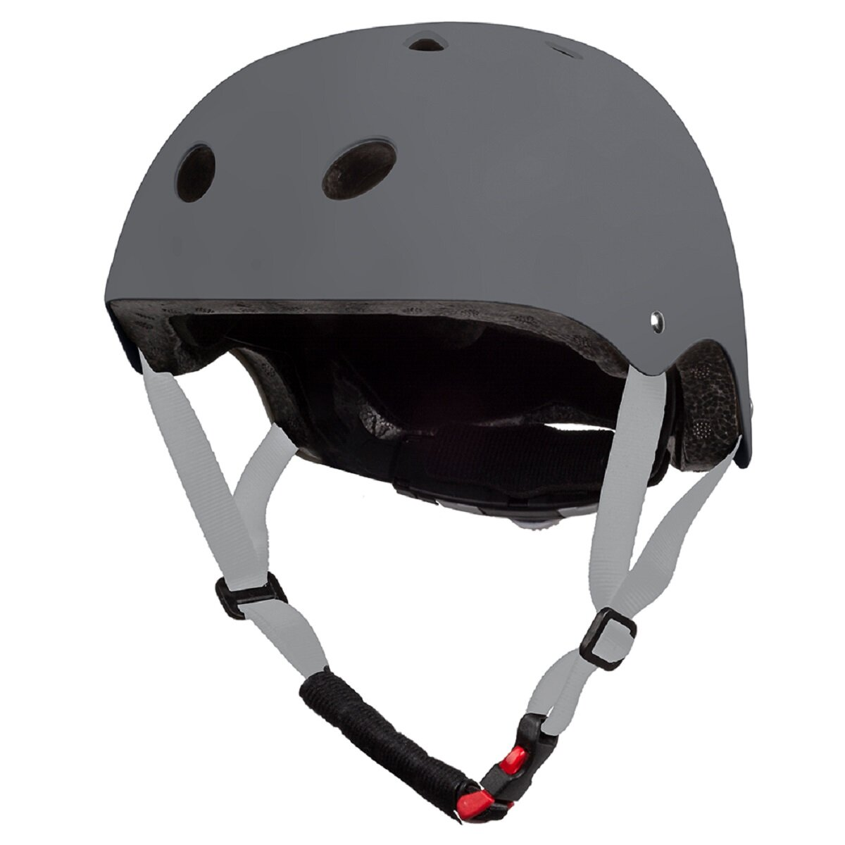 Grauer Helm mit weißen Riemen, Vorderansicht.