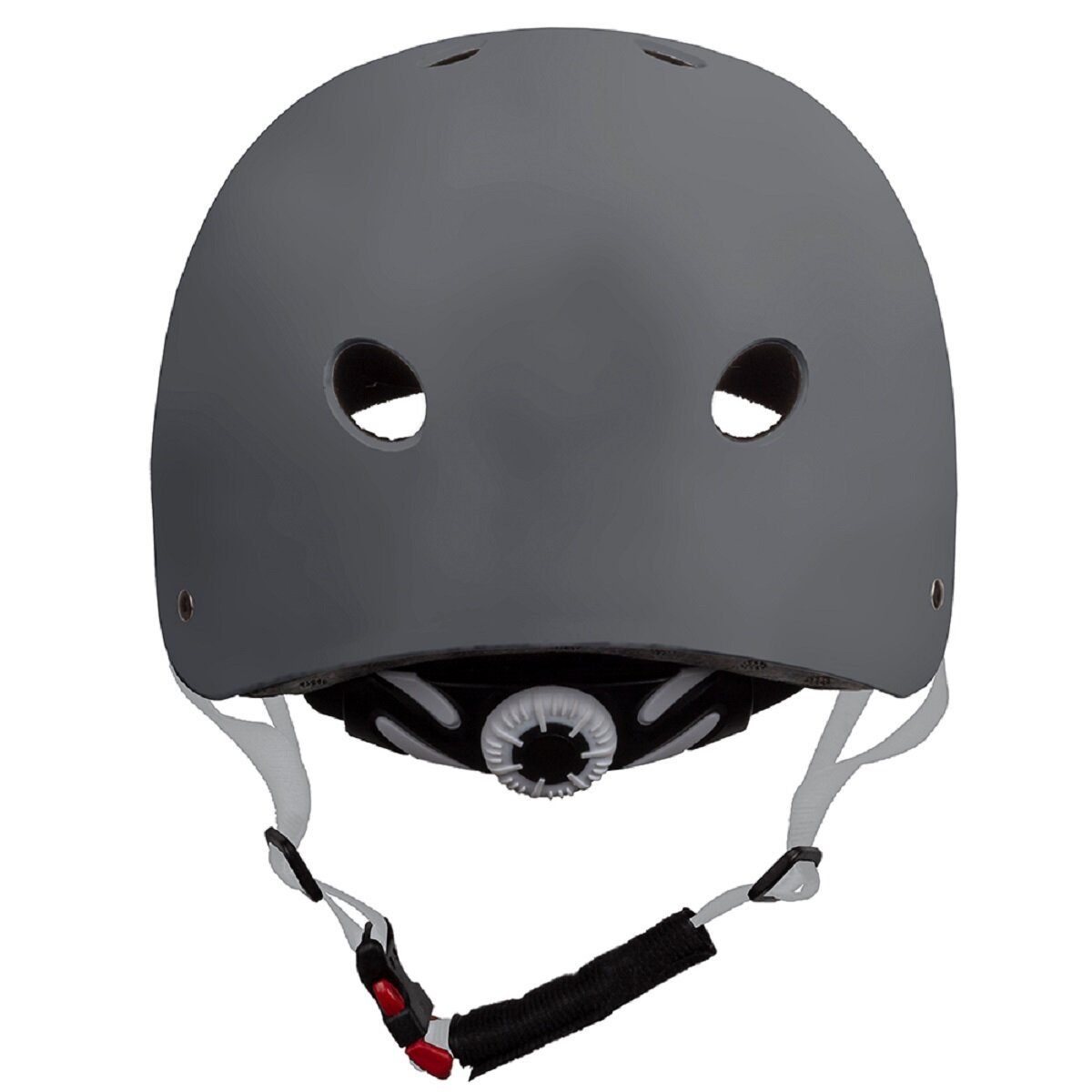 Grauer Helm mit zwei Löchern. Schwarze Riemen.