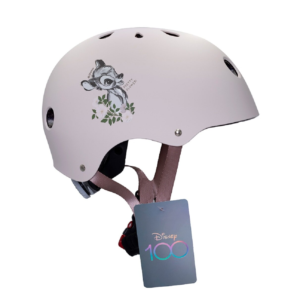 Rosa Helm mit Bambi-Grafik, Blumen und Disney 100-Anhänger.