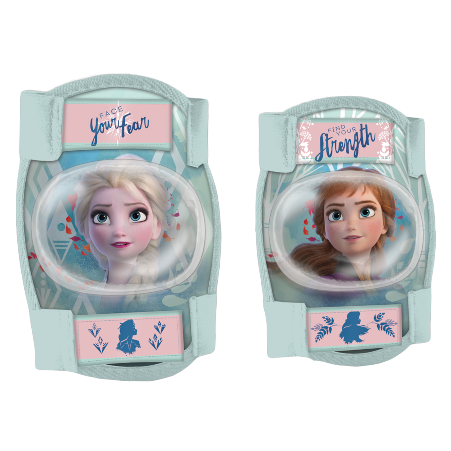 Zwei Frozen-Charakterkarten. Elsa und Anna in einzelnen Klarsichtverpackungen. Text: Face Your Fear, Find Your Strength.