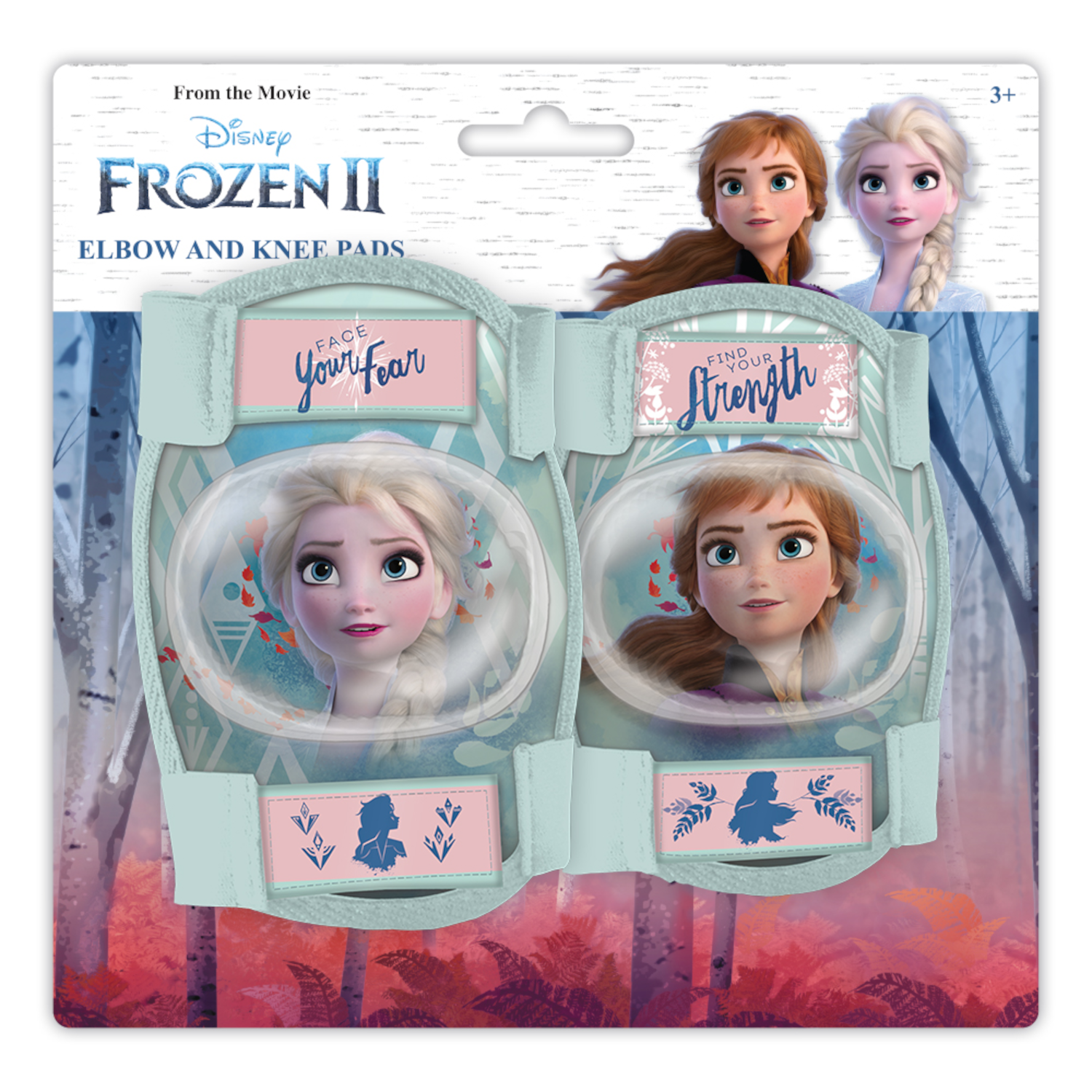 Frozen II Ellbogen- und Knieschützer. Elsa und Anna auf den Pads. Text: Stelle dich deiner Angst, finde deine Stärke.