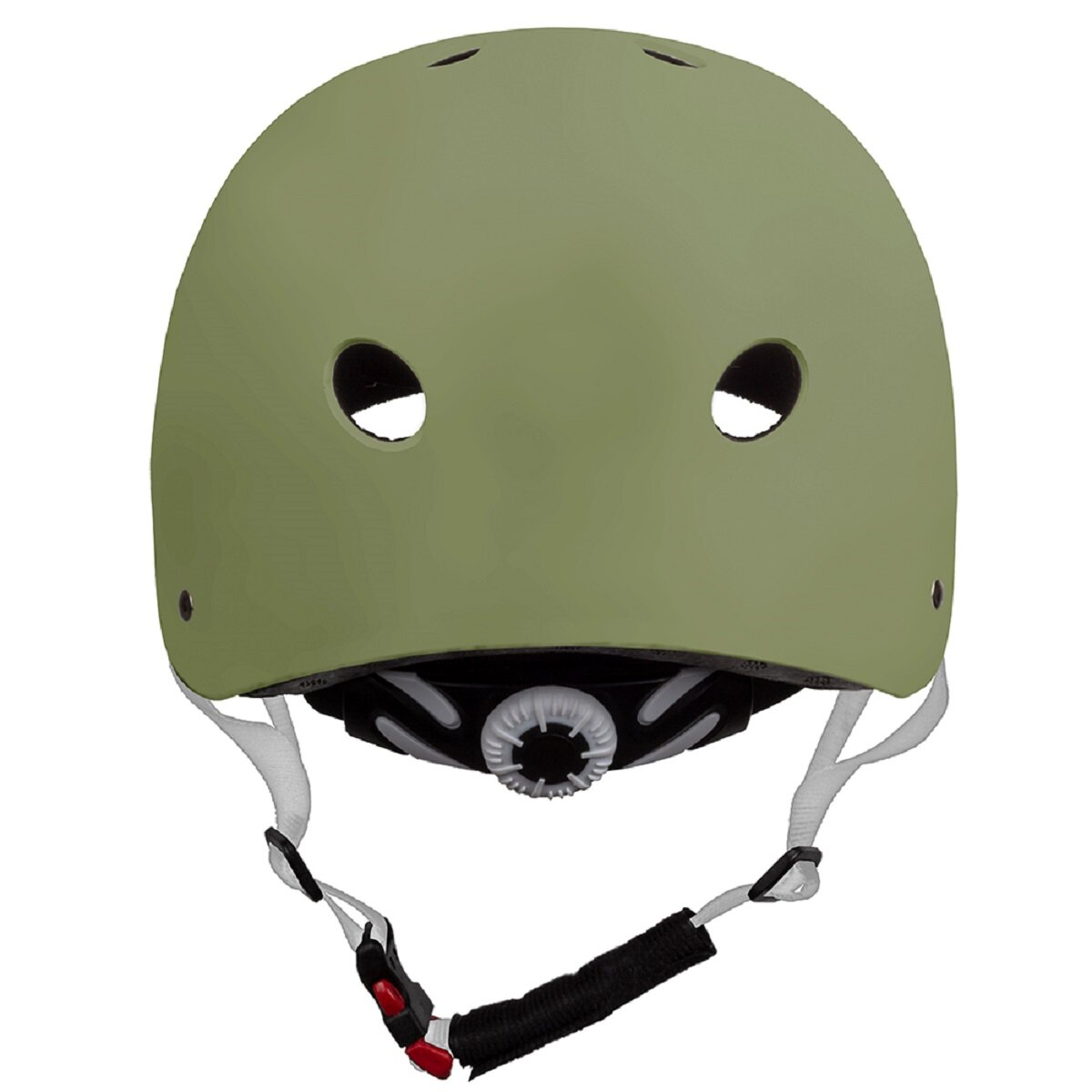 Olivgrüner Helm mit zwei großen Löchern. Weiße Gurte sind angebracht.