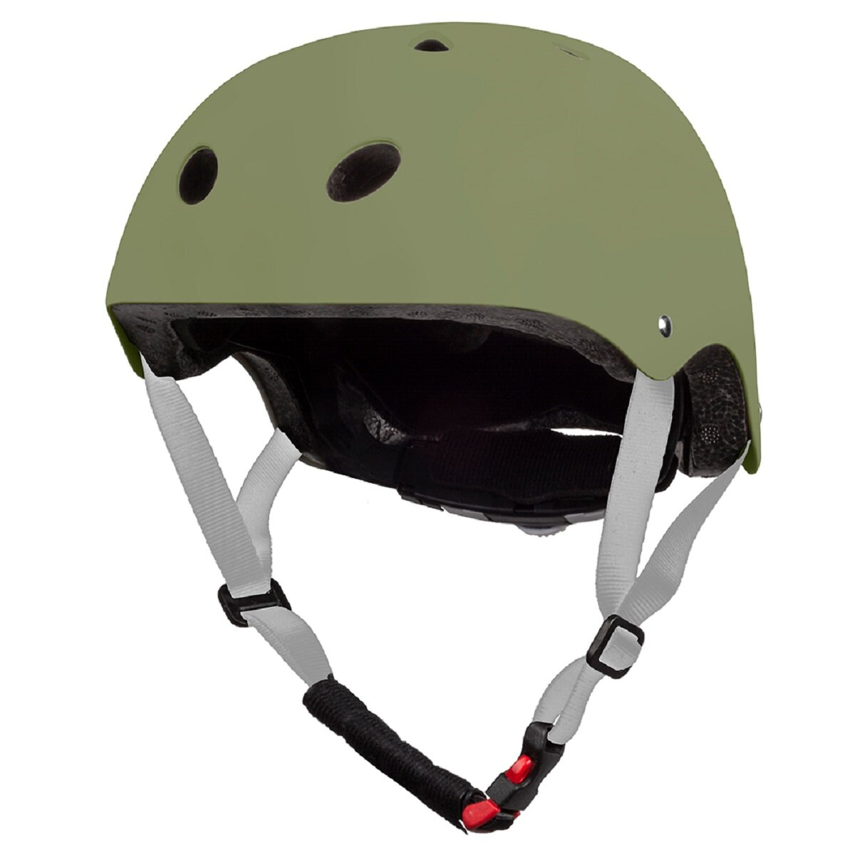 Grüner Helm mit weißen Riemen und einem schwarzen Kinnriemen. Die Oberseite hat 3 Belüftungsöffnungen.