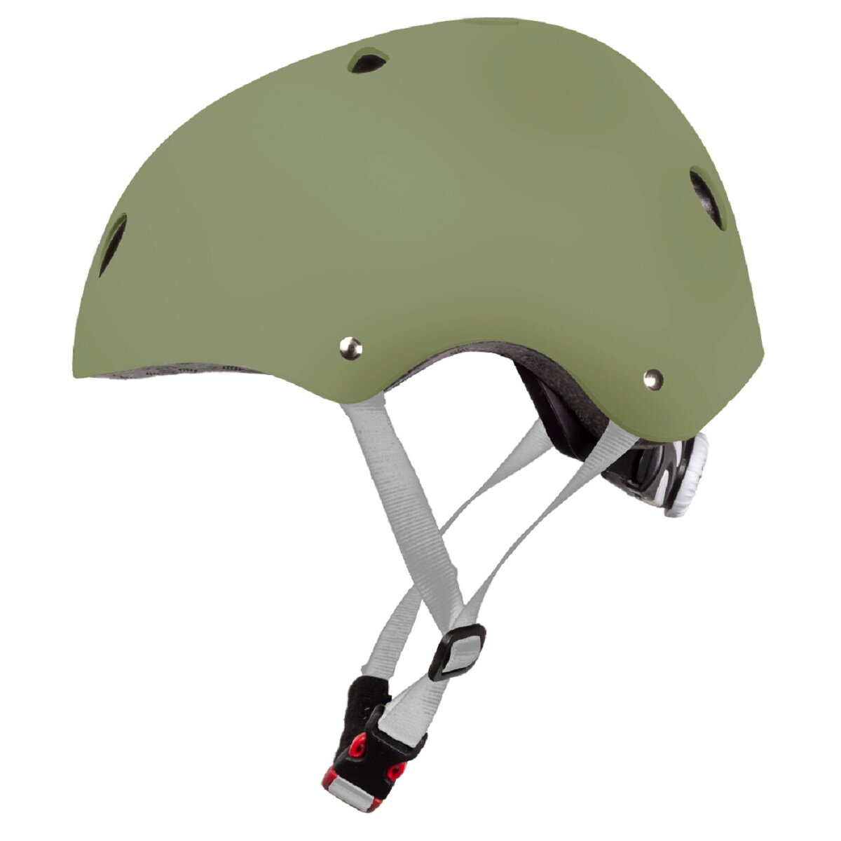 Olivgrüner Helm mit weißen Riemen und verstellbarer Schnalle.