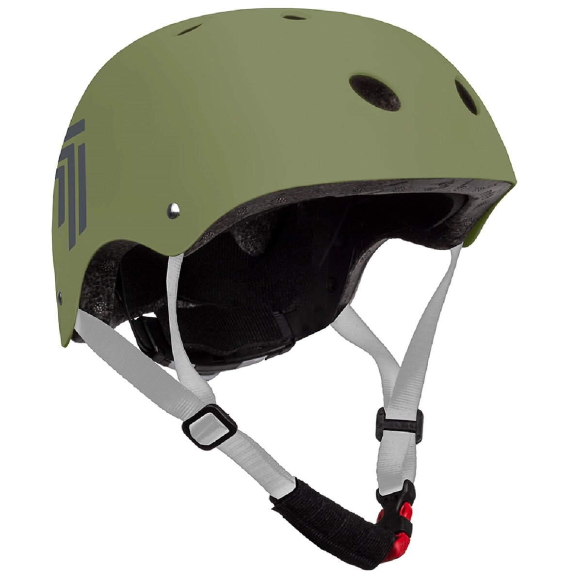 Olivgrüner Helm mit Logo auf der Seite und weißen Riemen.