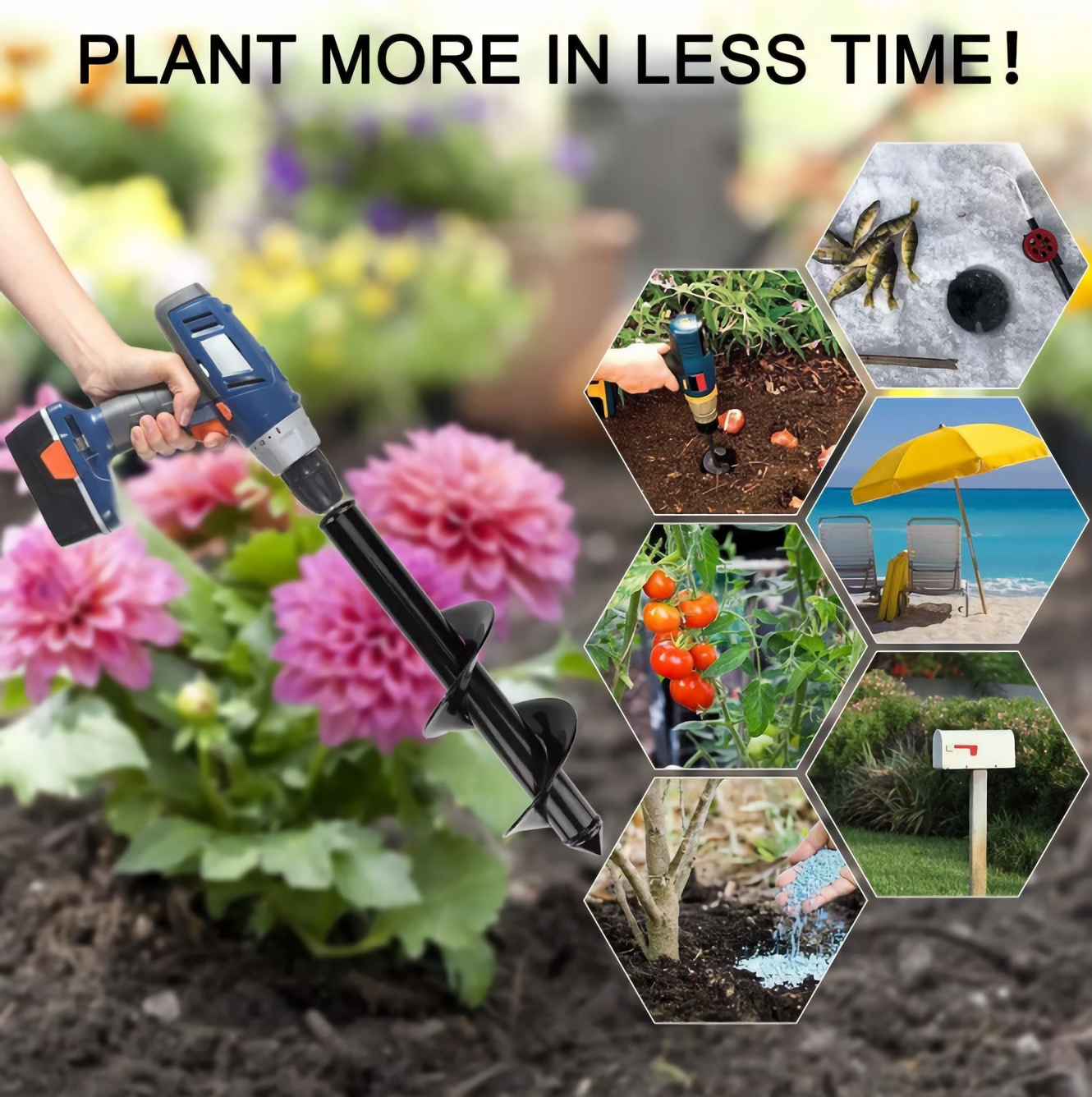 Bild mit Erdbohrer, der in den Boden bohrt, mit anderen Gartenszenen. Text: PFLANZEN SIE MEHR IN WENIGER ZEIT!