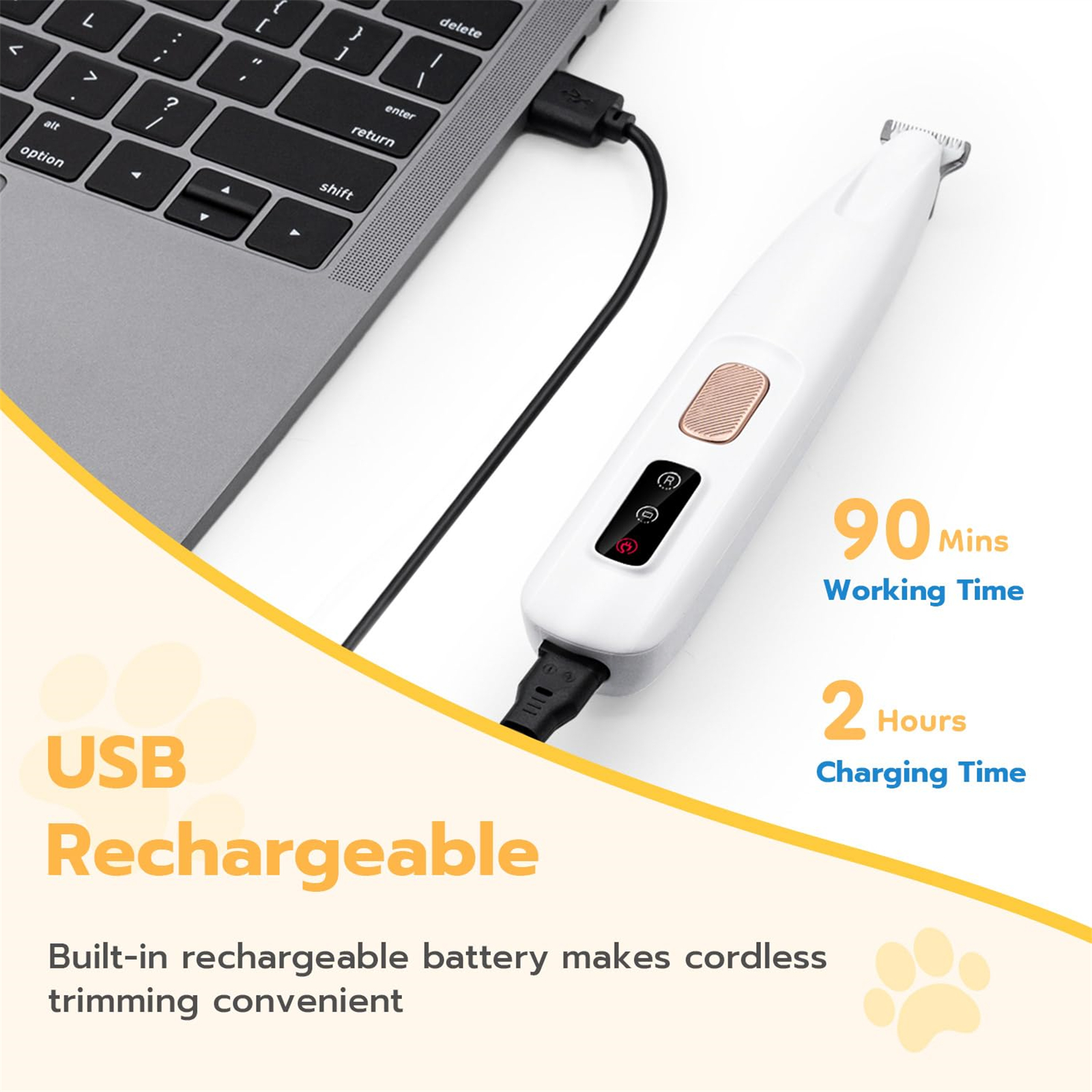 Tierhaarschneider aufladen: an einen Laptop angeschlossen. USB-Aufladung, 90 Min. Arbeitszeit, 2 Std. Ladezeit.
