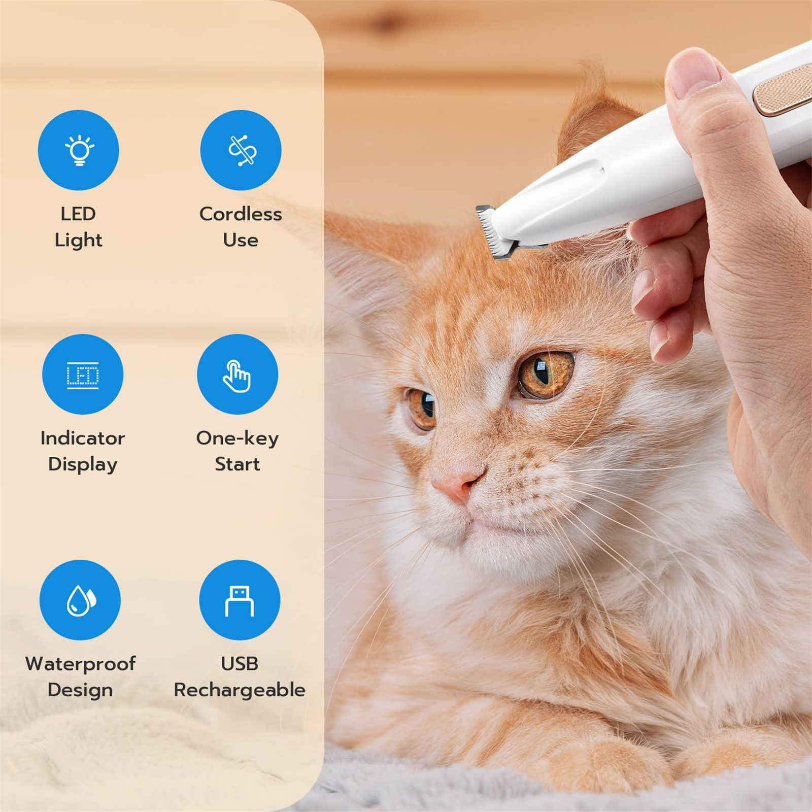Tierpflegegerät, Katze wird gepflegt, mit Symbolen für Funktionen und Text.