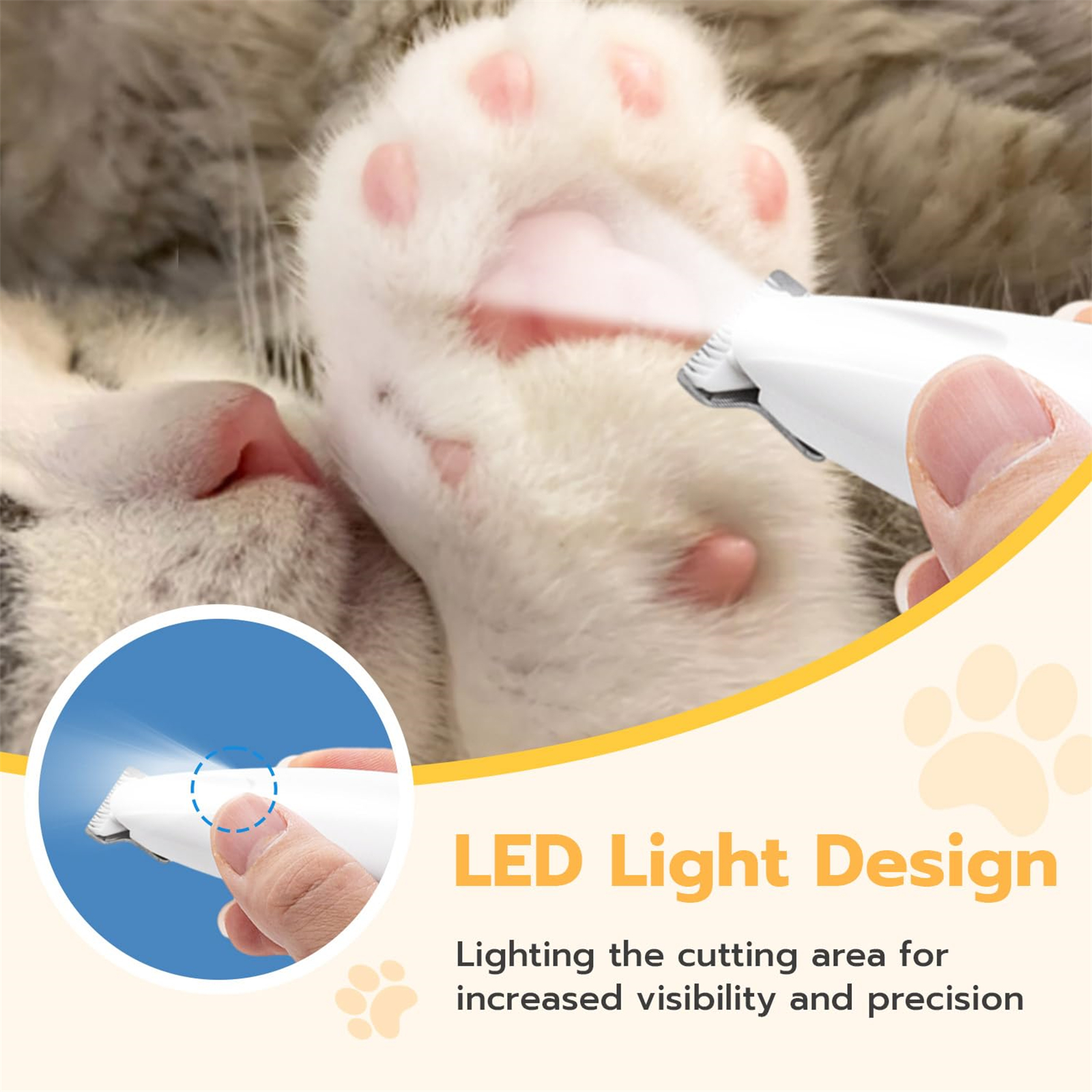 Eine Katzenpfote wird mit einem weißen Trimmer getrimmt. Text sagt LED-Licht-Design.