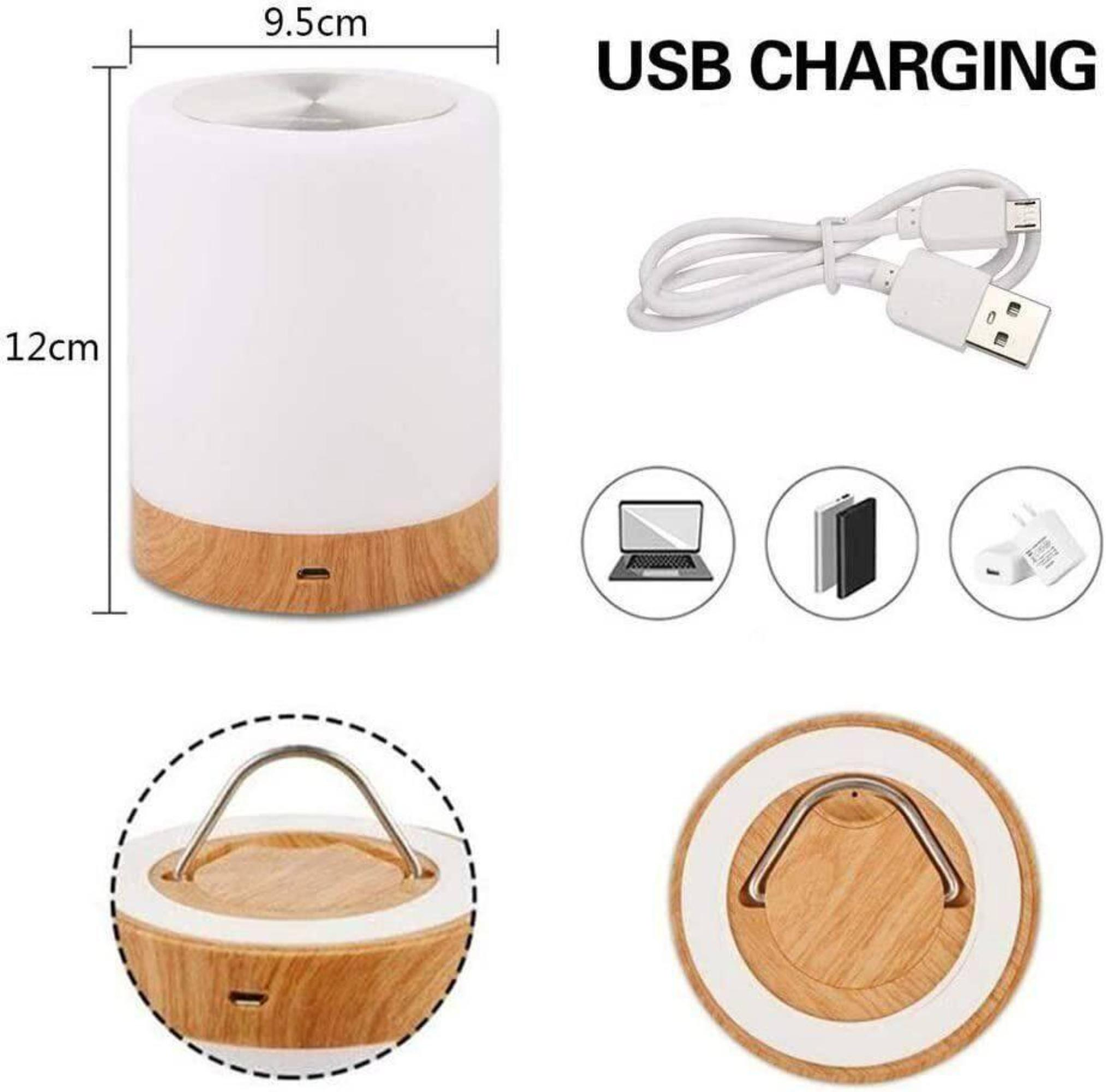 Weiße Lampe mit Holzsockel, USB-Aufladung und Abmessungen. Draufsicht auf die Lampe und den Griff.