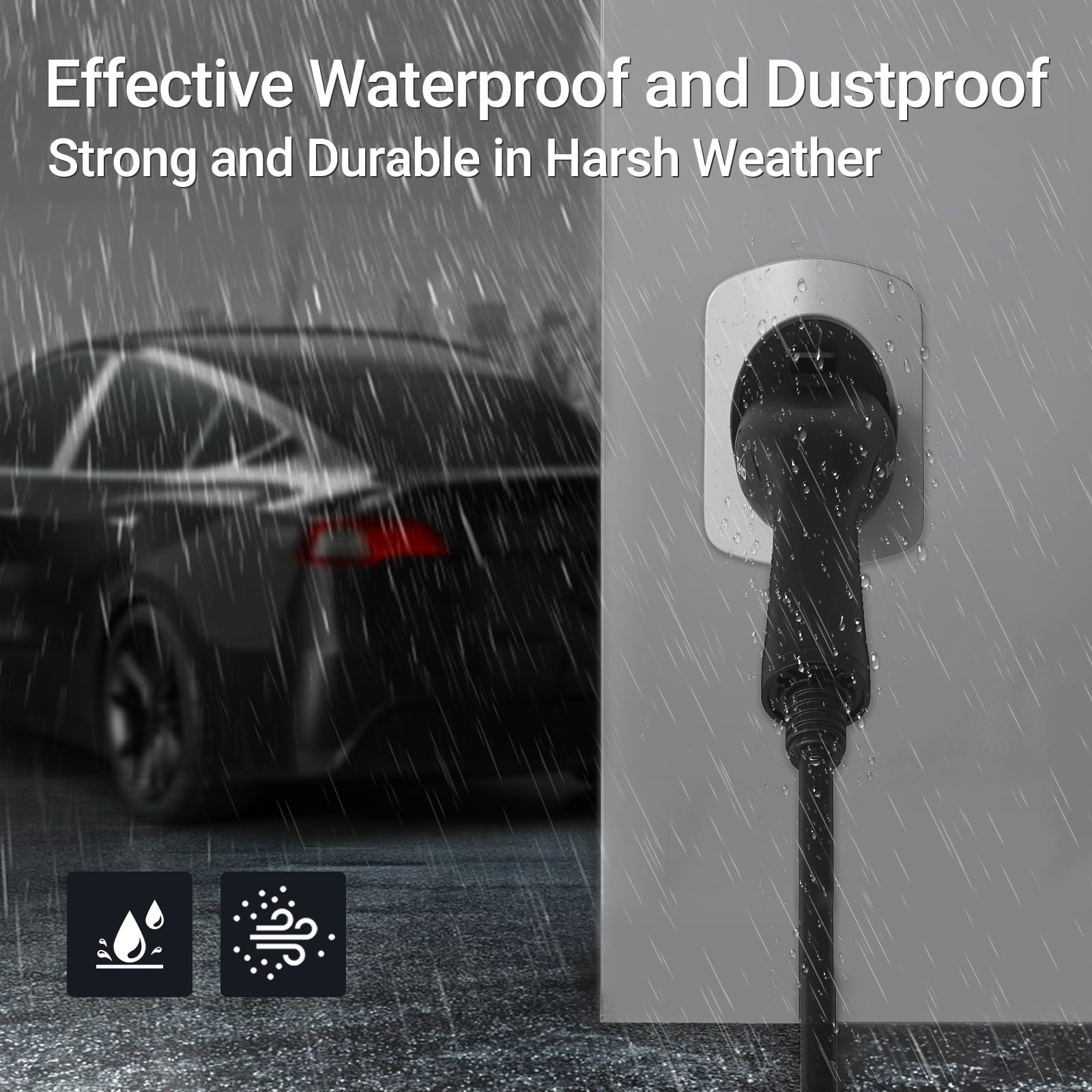 Ein EV-Ladegerät mit schwarzem Kabel im Regen mit einem Auto im Hintergrund.