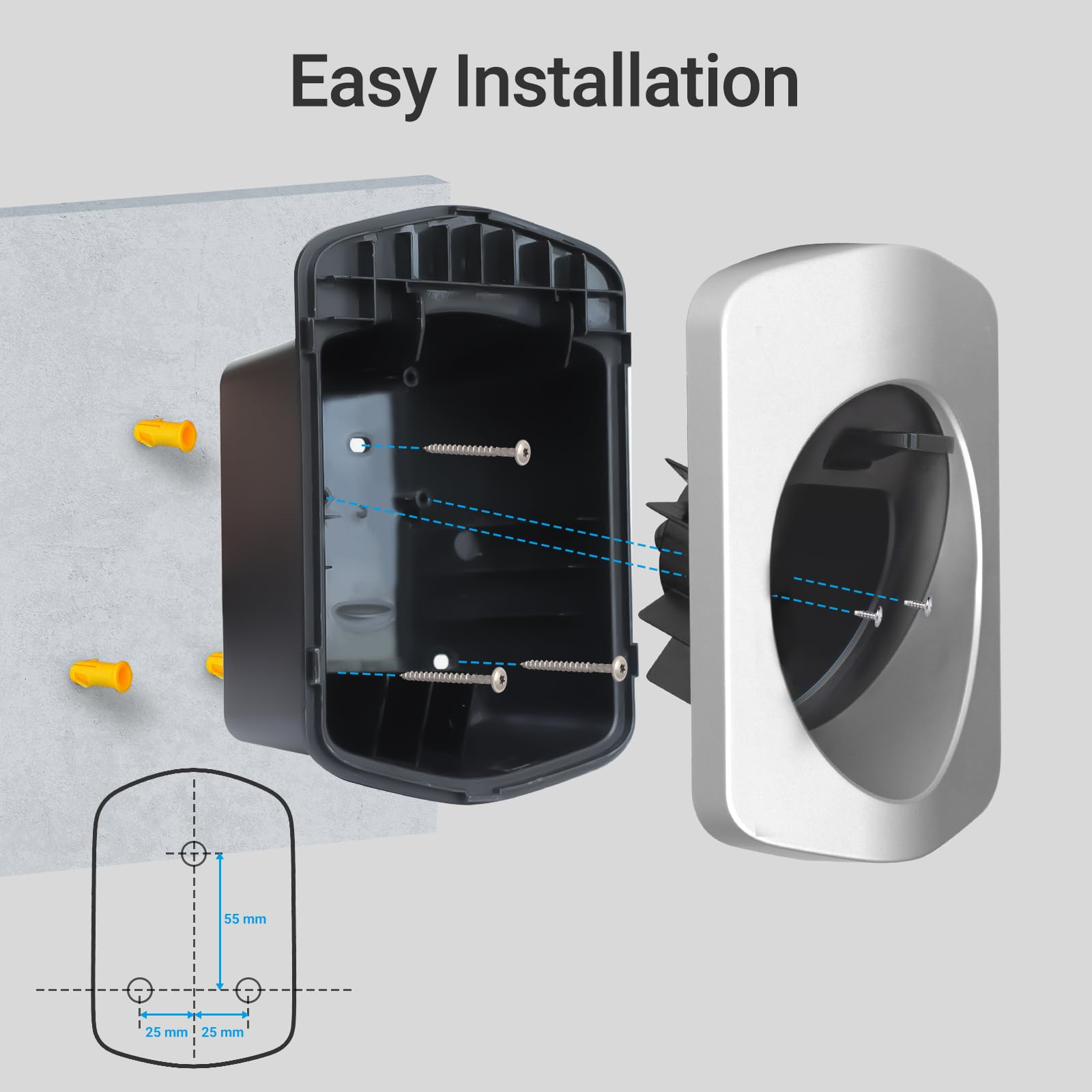 Diagramm, das die Installation einer Ladestation zeigt. Enthält eine Wand und einen Ladeanschluss.