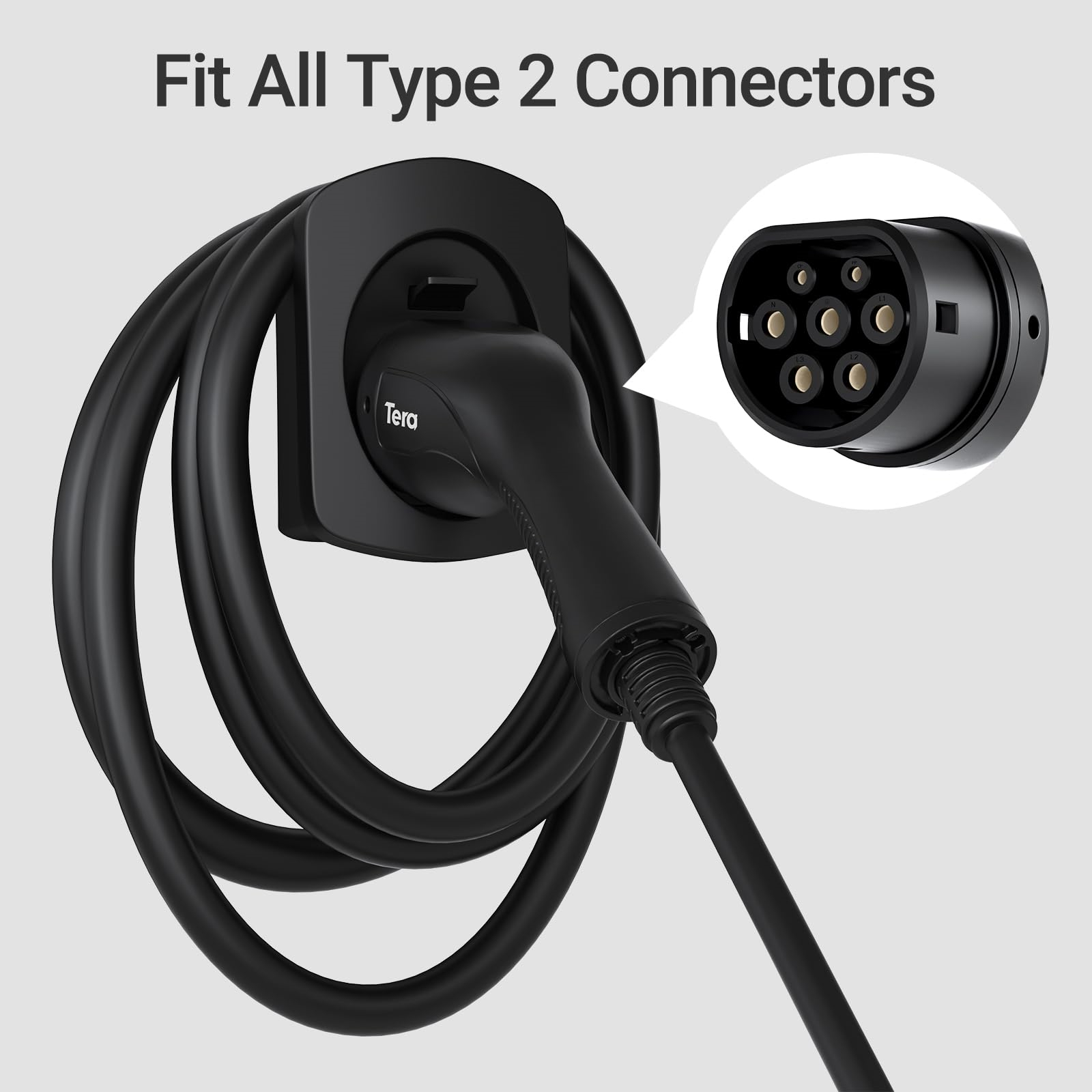 Ladegerät für Elektrofahrzeuge. Schwarzes Ladegerät und Kabel. Weißer Hintergrund und Nahaufnahme des Steckers.