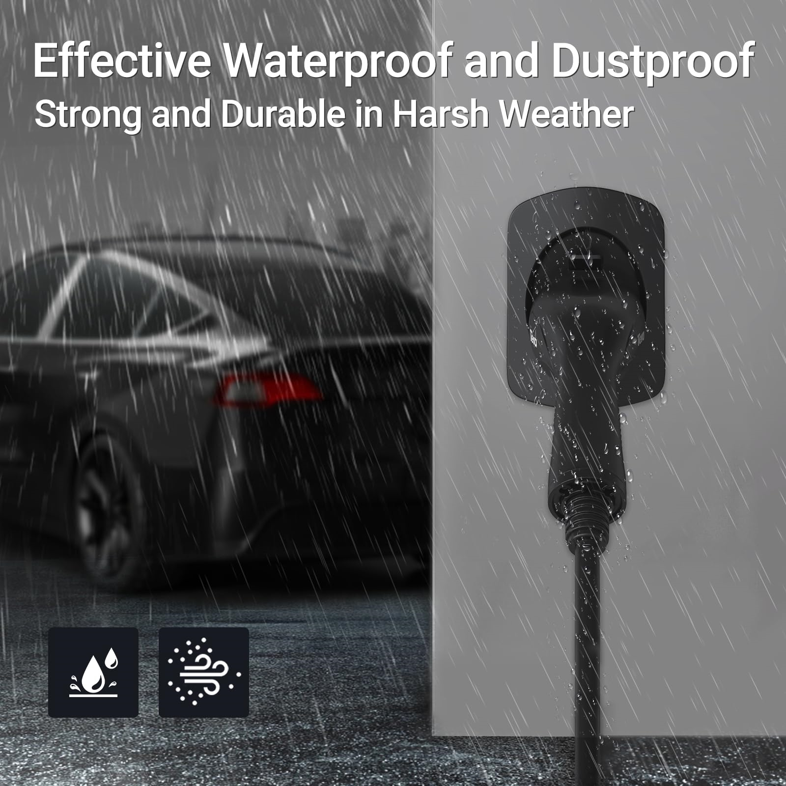 Ein schwarzes EV-Ladegerät mit einem Auto im Hintergrund, im Regen. Text erwähnt wasserdicht und staubdicht.