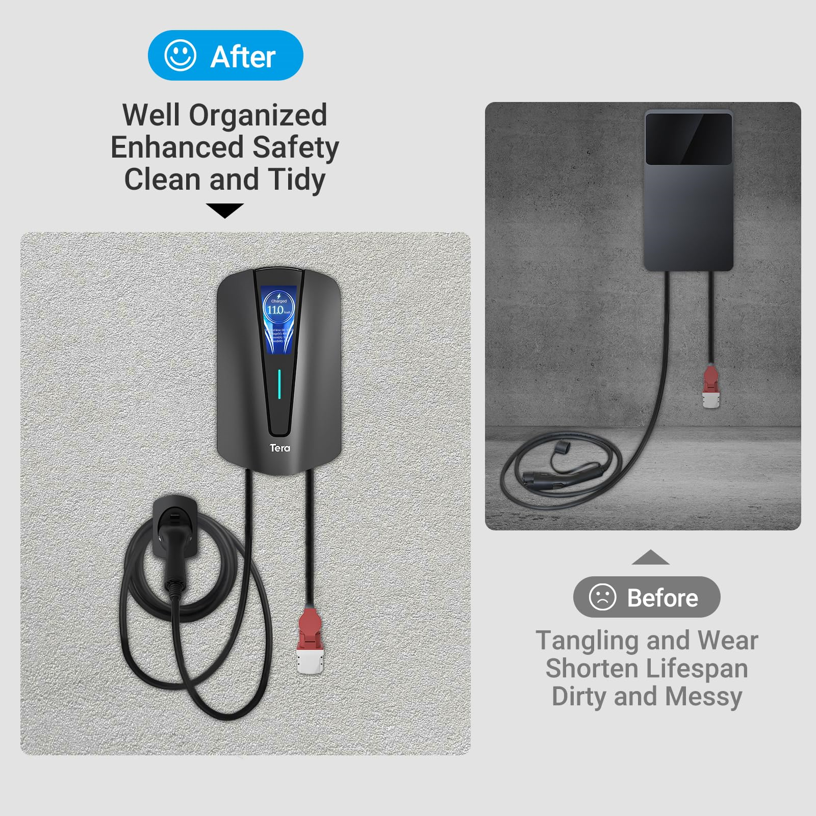 EV-Ladegerät vor und nach der Installation. Vorher: unordentliche Kabel. Nachher: organisiert, sauber und ordentlich.