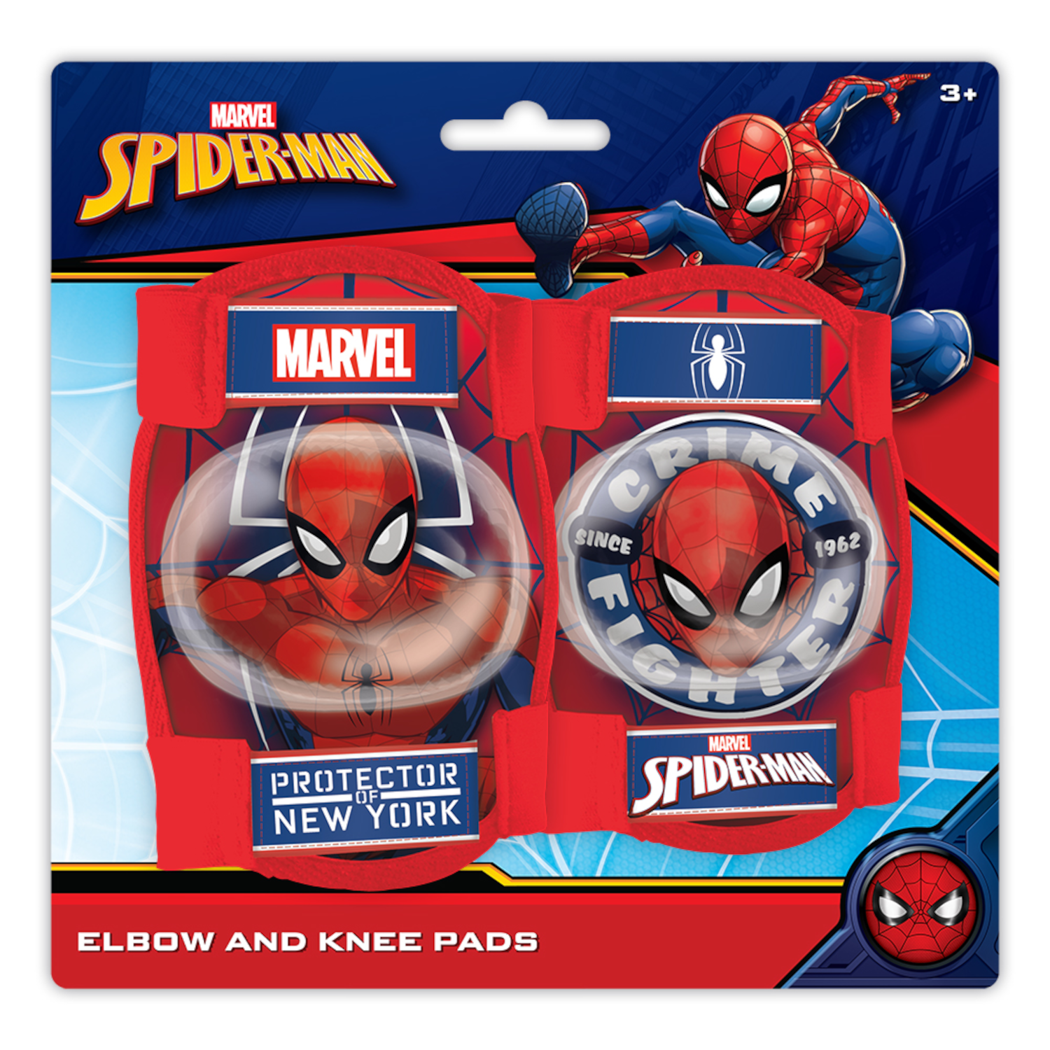 Spider-Man Ellenbogen- und Knieschützer. Rot mit Spider-Man-Grafiken und Logos. Enthält das Marvel-Logo.