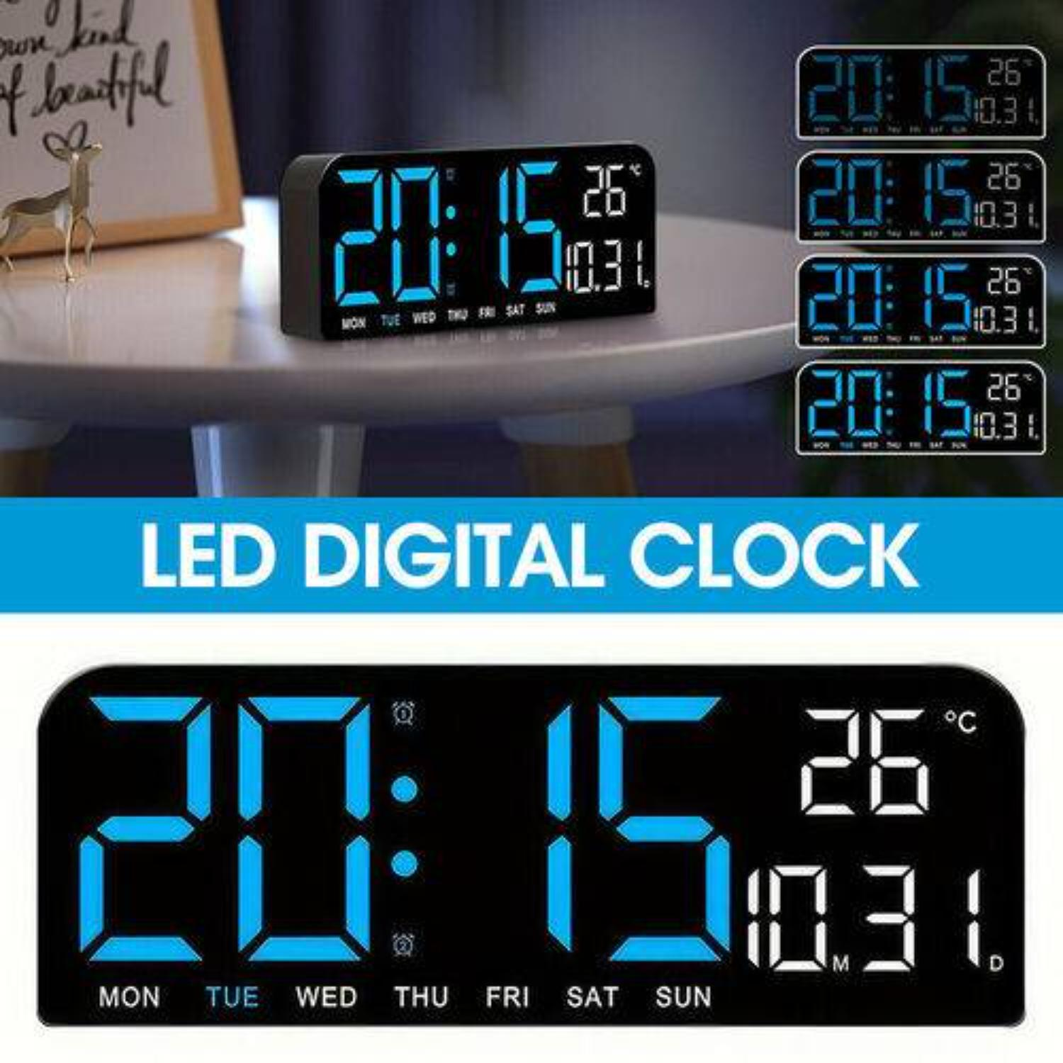 Eine digitale LED-Uhr, die die Uhrzeit 20:15 anzeigt, mit Datums- und Temperaturanzeigen. Mehrere Anzeigen werden gezeigt.