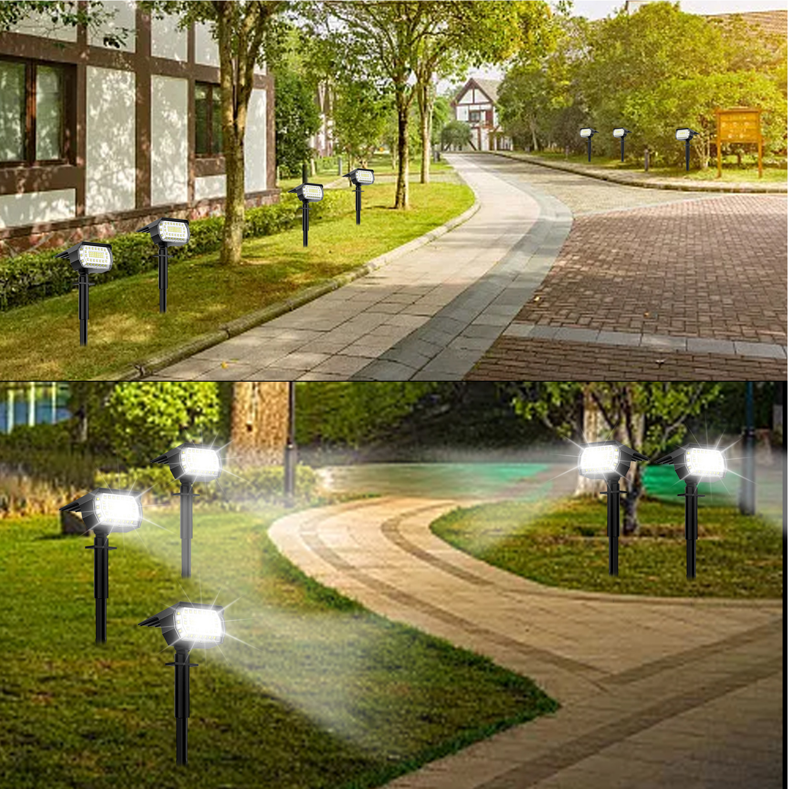 Ein Weg mit mehreren Solar-Spots wird in zwei verschiedenen Szenen eines gepflegten Gartens gezeigt.