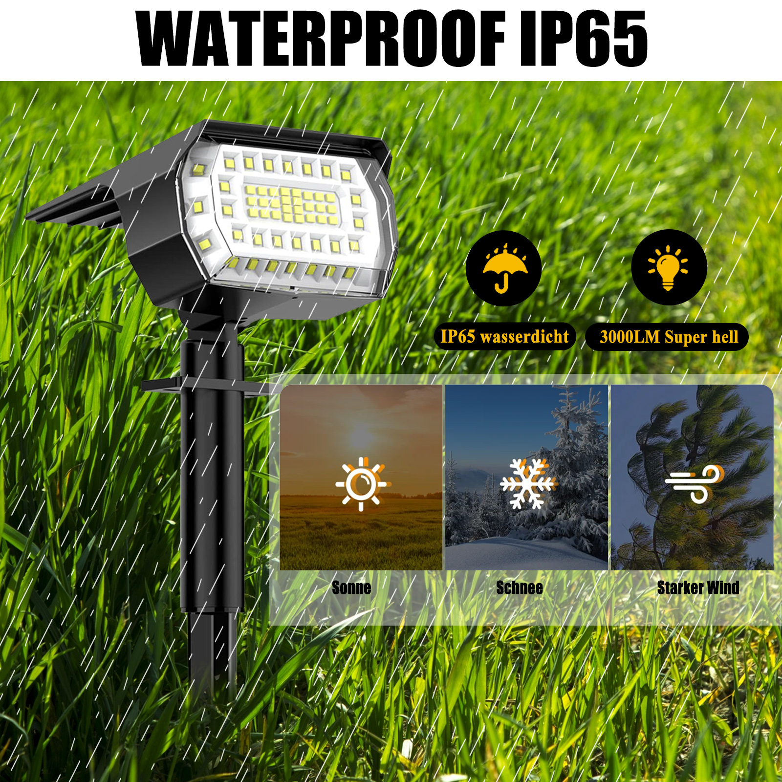 Ein schwarzer Solar-Spot mit hellem weißem Licht, im Gras, mit Wettersymbolen.