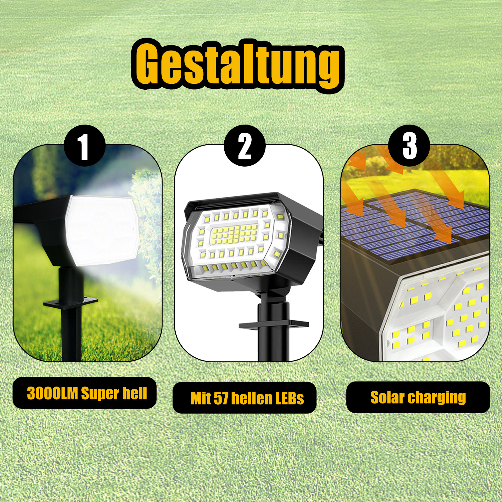 Drei Bilder, die das Design eines Solar-Spots, 57 LED-Leuchten und Solar-Ladefunktionen zeigen.