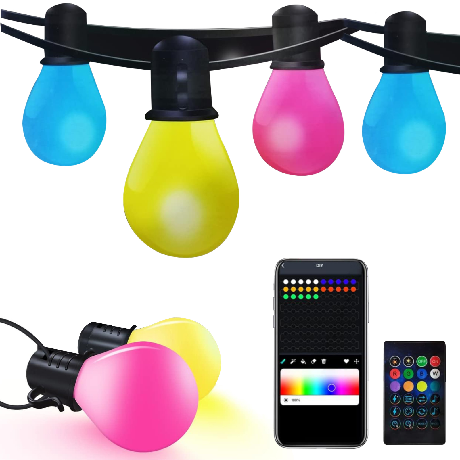 Eine Lichterkette für den Außenbereich mit blauen, gelben und rosa Glühbirnen sowie einer Fernbedienung und einem Smartphone.