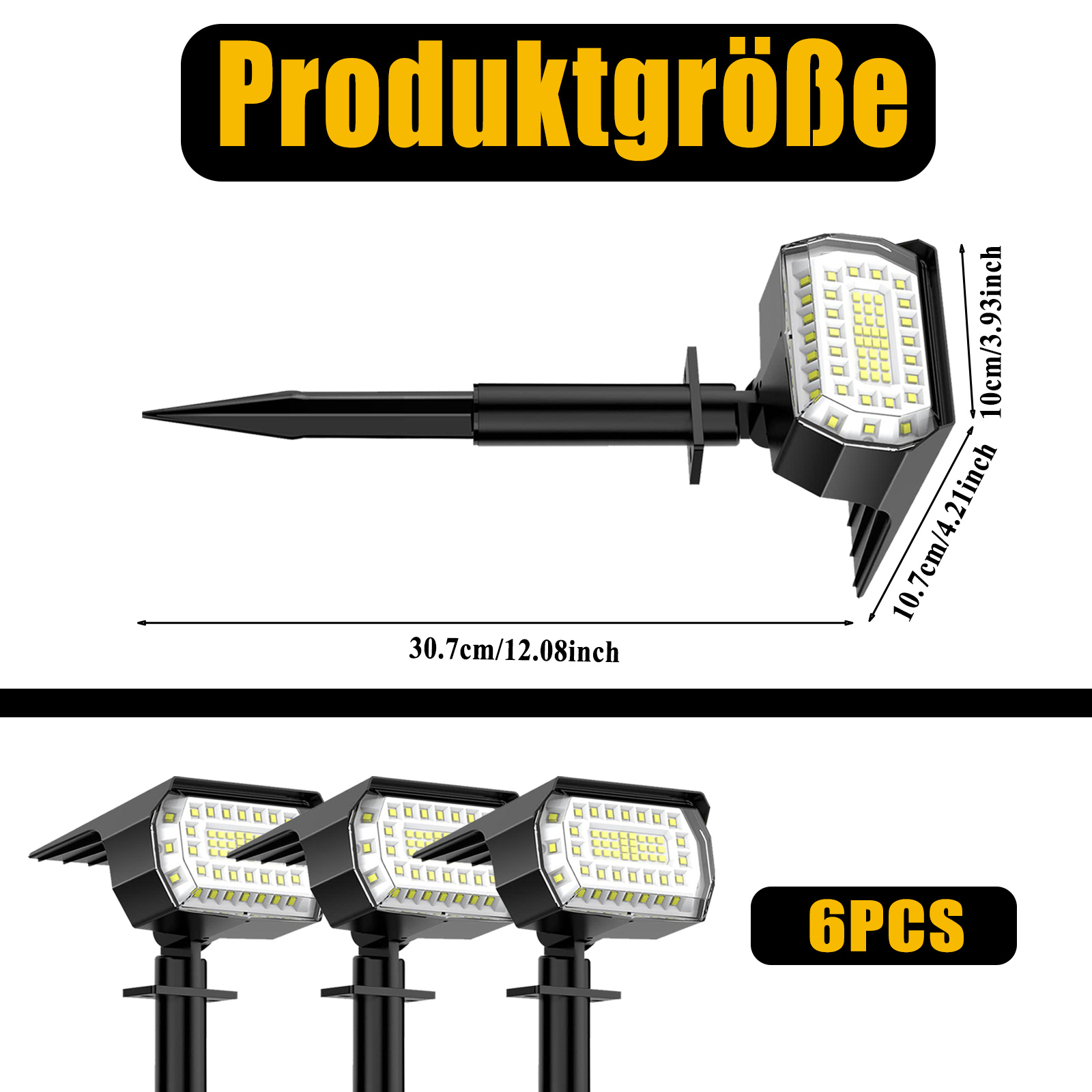 Produktgrößen-Grafik mit einem Solar-Spot und Abmessungen: 30,7 cm/12,08 Zoll, 10 cm/3,93 Zoll, 10,7 cm/4,21 Zoll.