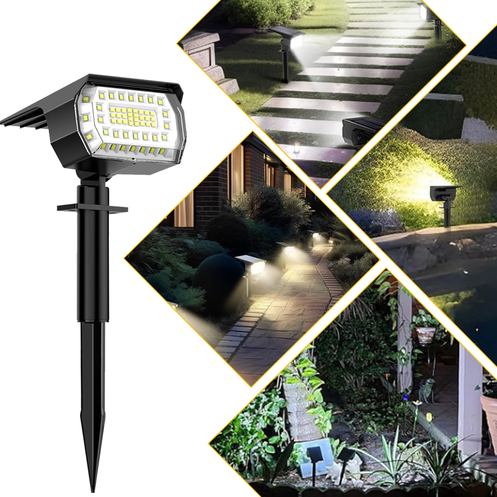 Ein Solar-Spot, der mit mehreren Bildern gezeigt wird, wie er verschiedene Gartenumgebungen beleuchtet.
