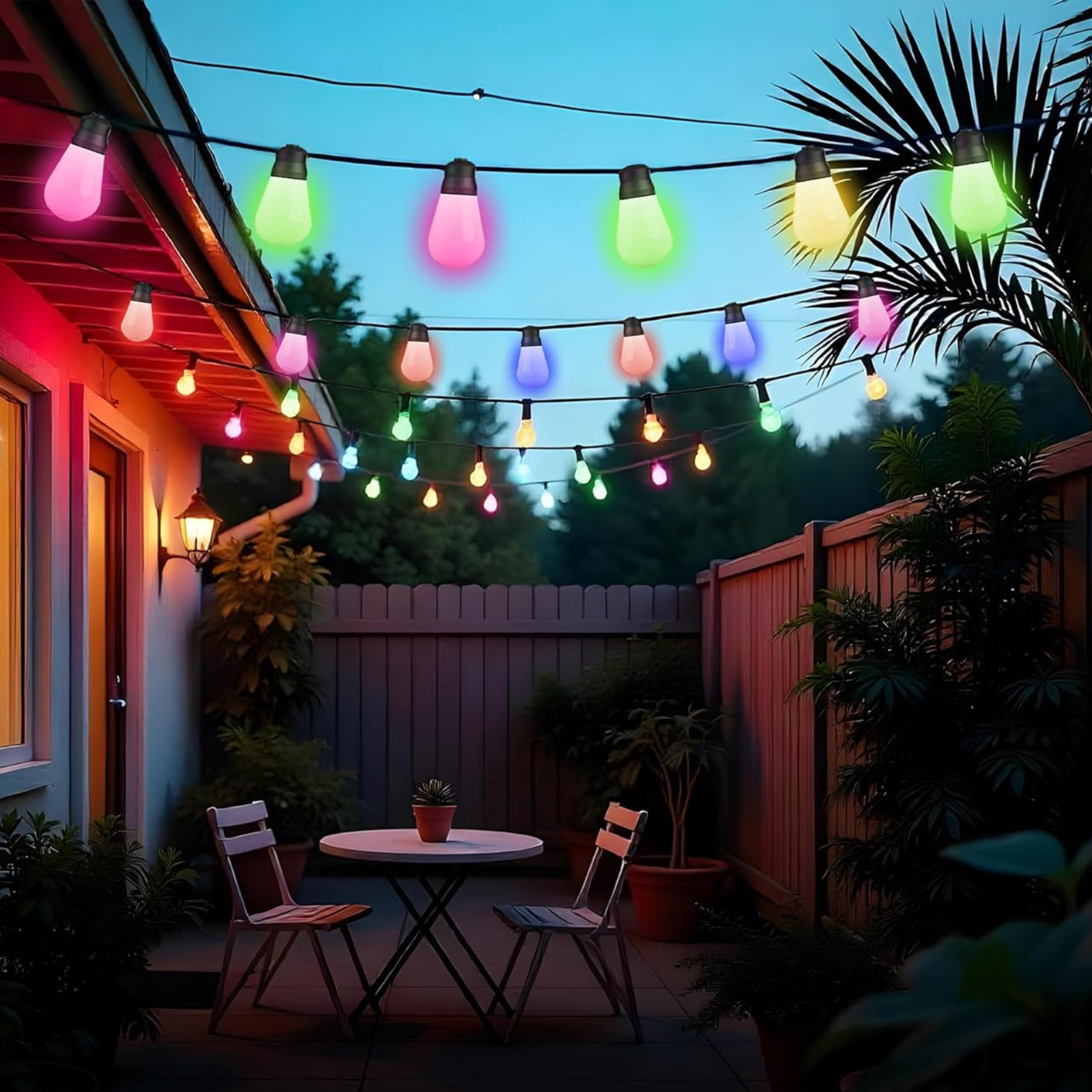 Ein Hinterhof mit bunten Lichterketten, einem Tisch und Stühlen bei Nacht.