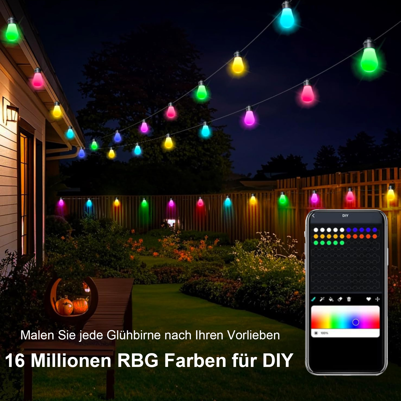 Ein Hinterhof bei Nacht mit Lichterketten und einem Smartphone, das Farboptionen anzeigt.