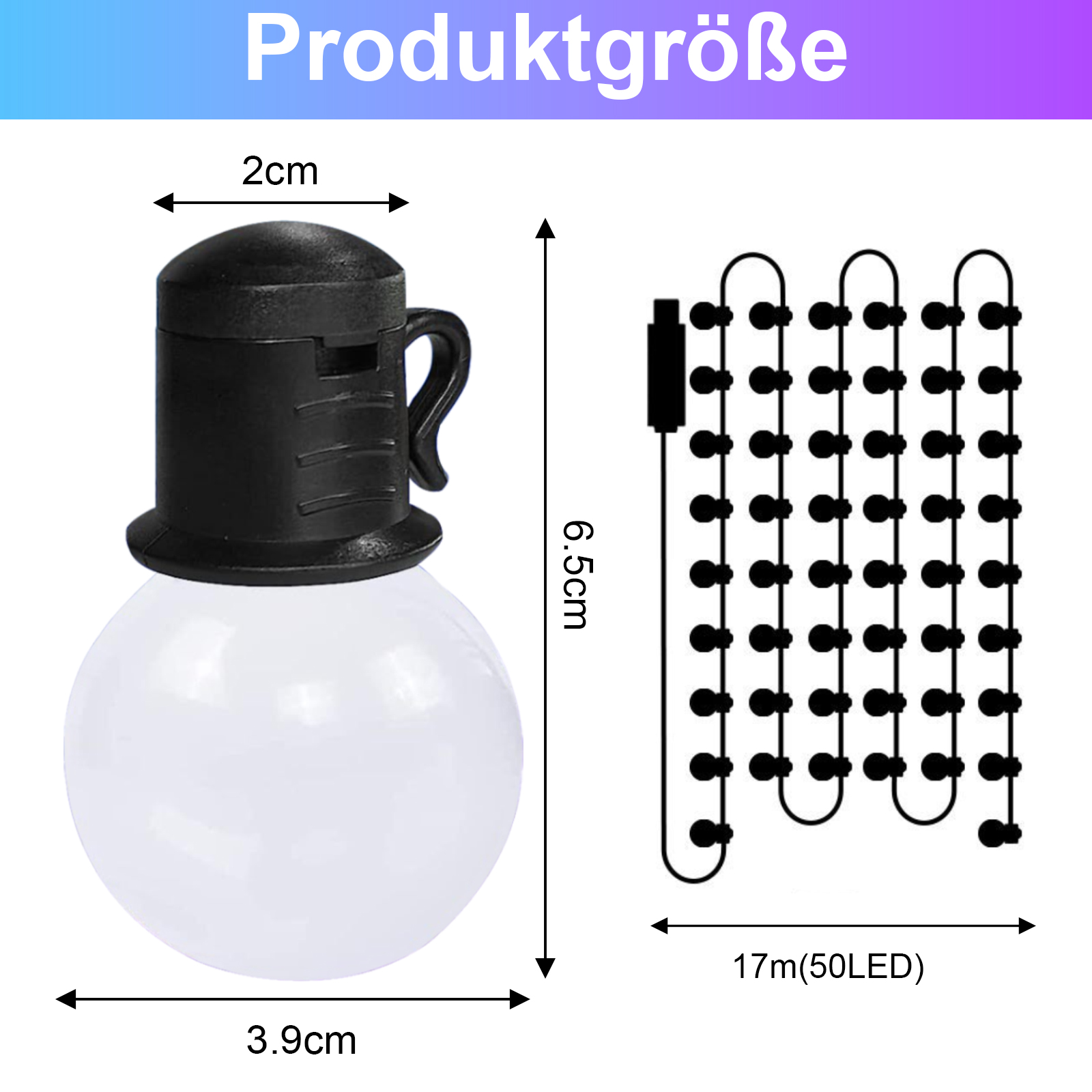 Ein Diagramm, das die Abmessungen einer Glühbirne und ihres Verkabelungssystems zeigt.