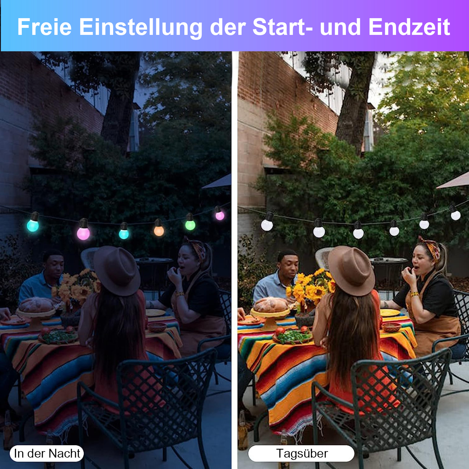 Eine Nachtszene mit Personen an einem Tisch, beleuchtet von Lichterketten, und eine Tagszene mit denselben Personen am selben Ort.