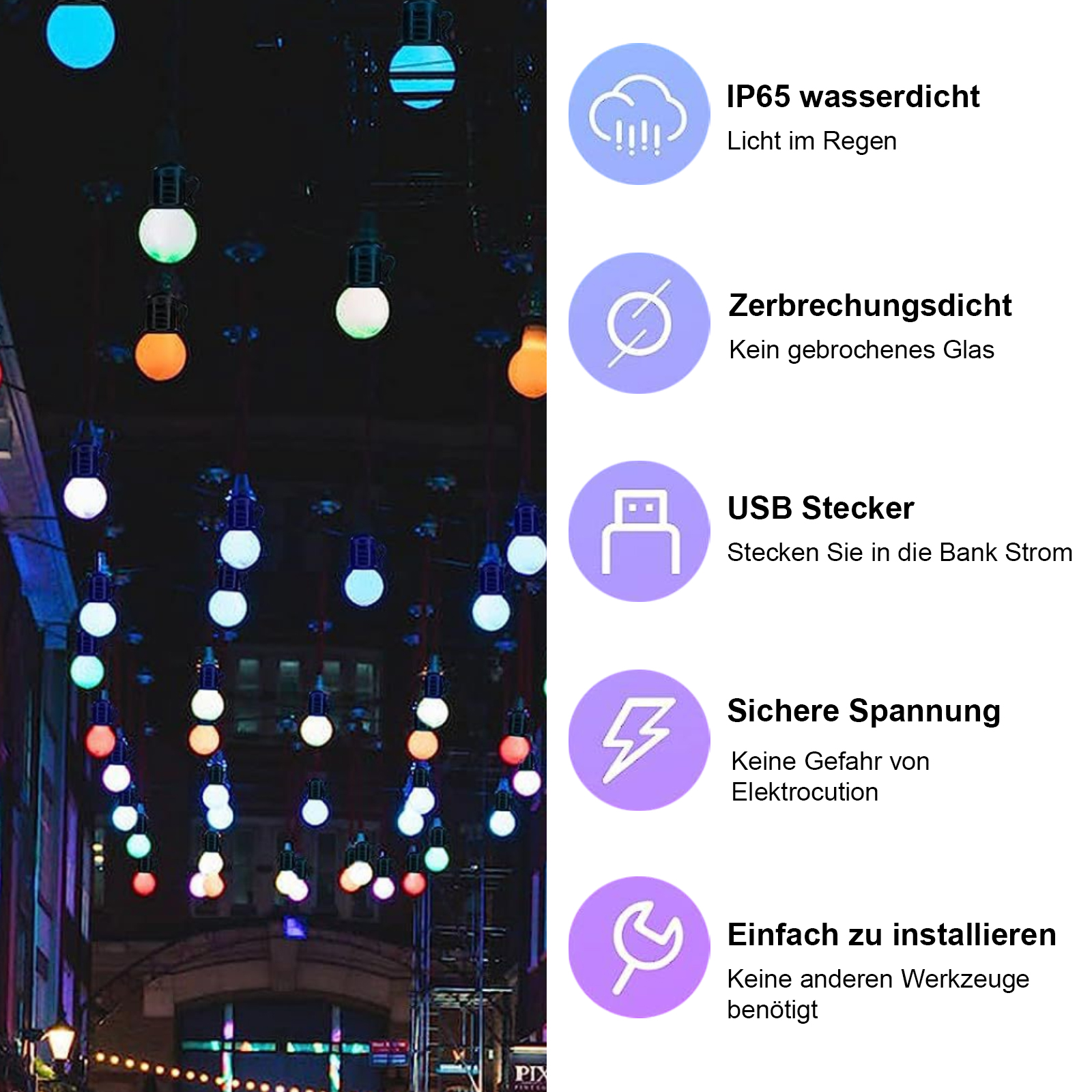 Eine Straßenszene mit Lichterketten und Symbolen, die Produktdetails zeigen.